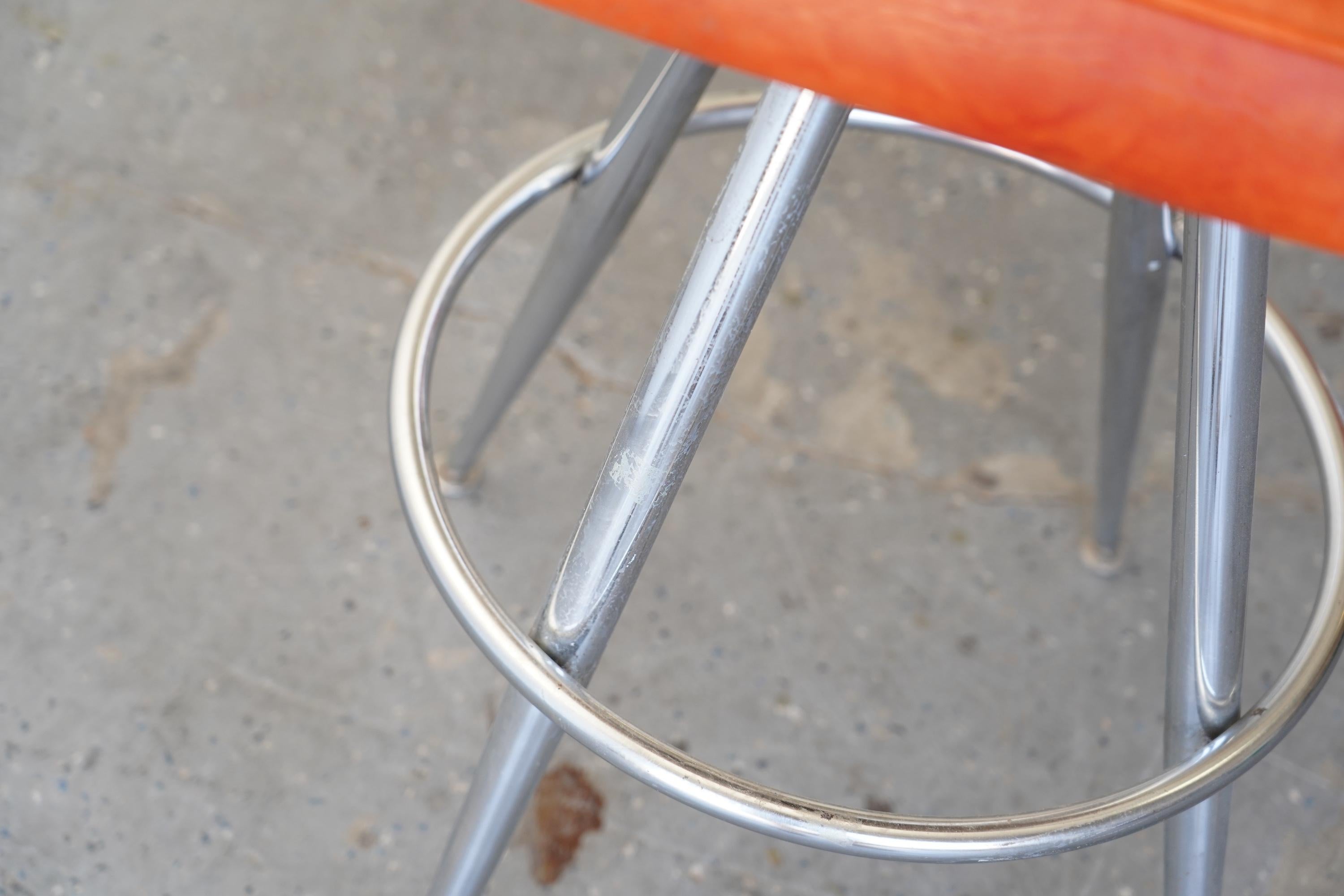 Late 20th Century Mid-Century Modern Orange Vinyl & Chrome Swivel Bar Stools — Set of 3 For Sale