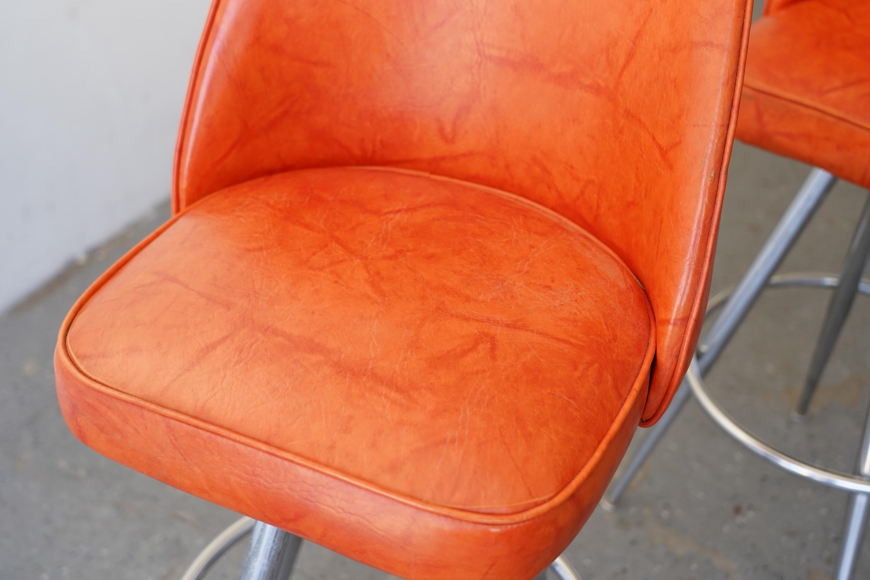 Mid-Century Modern Orange Vinyl & Chrome Swivel Bar Stools — Set of 3 For Sale 1