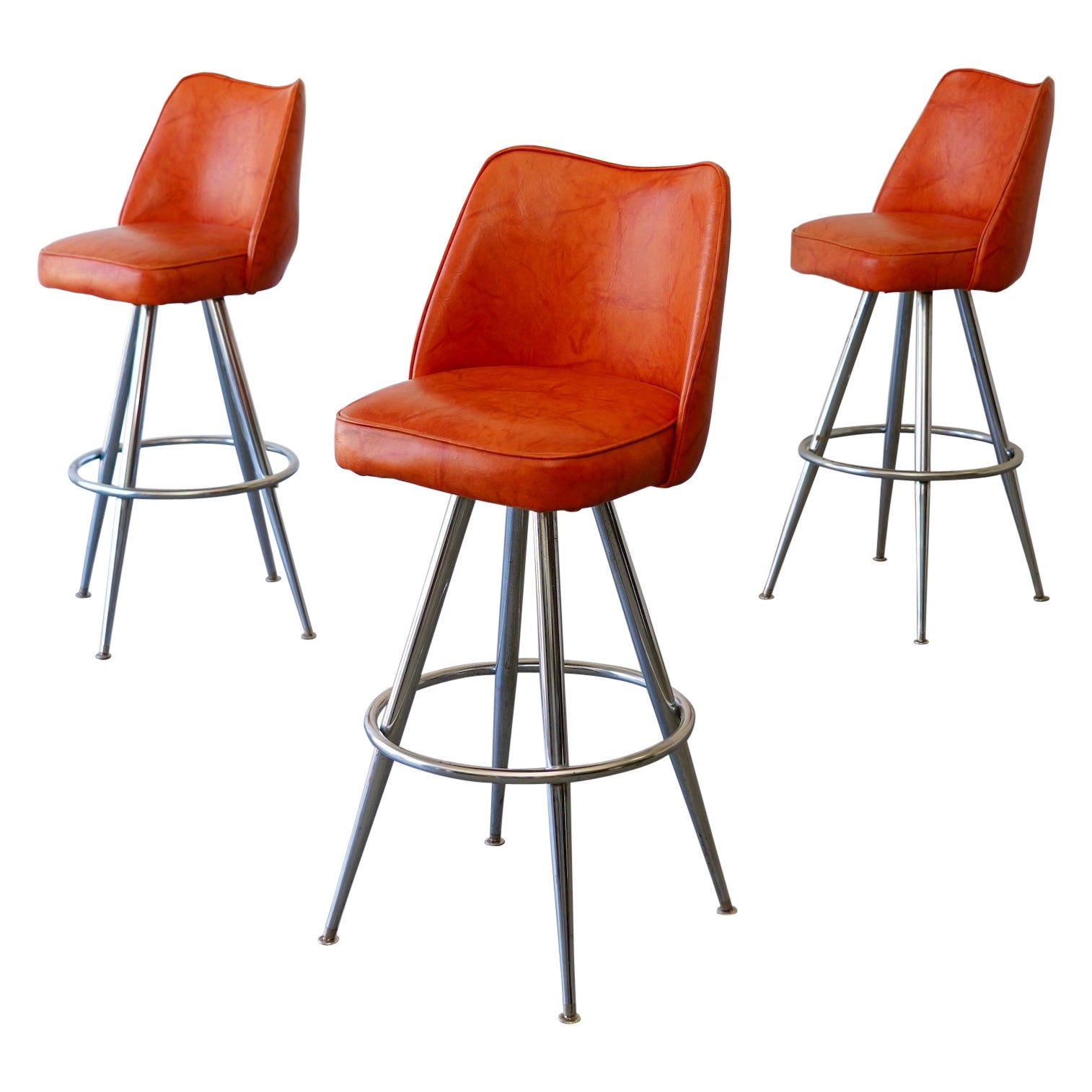 Mid-Century Modern Orange Vinyl & Chrome Swivel Bar Stools — Set of 3 For Sale