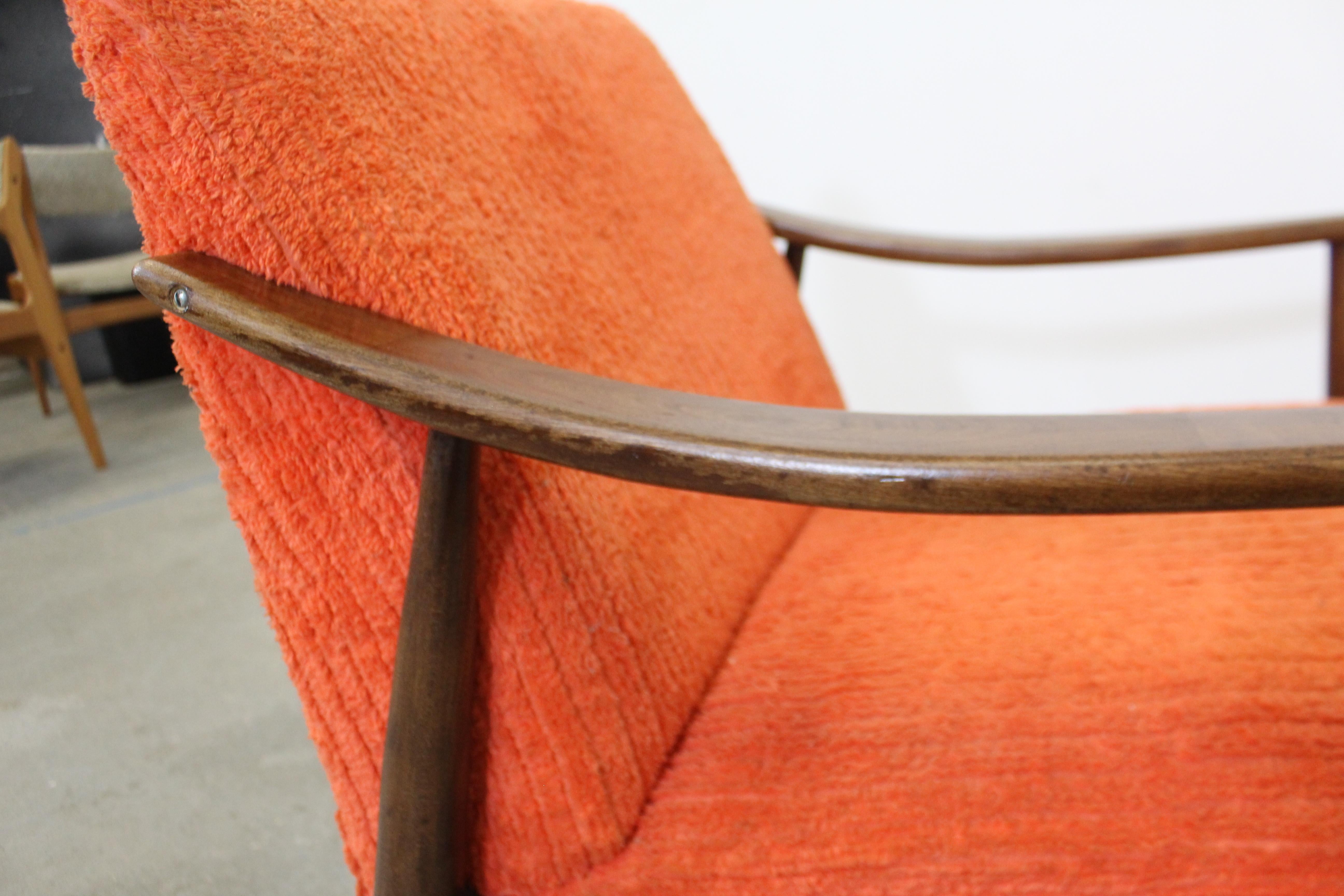 Upholstery Mid-Century Modern Orange Walnut Open Arm Lounge Chair