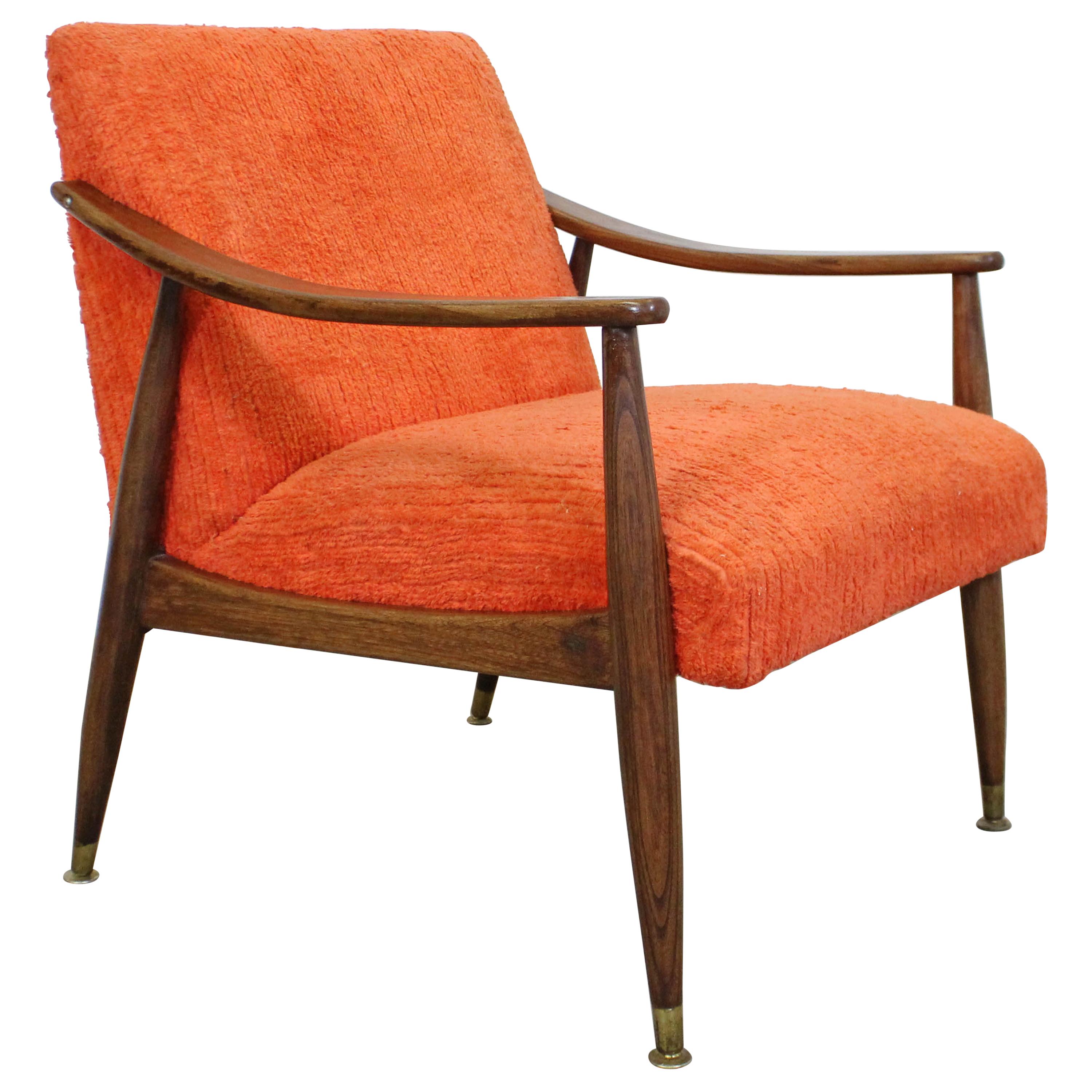 Mid-Century Modern Orange Walnut Open Arm Lounge Chair
