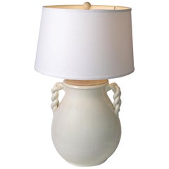 Mid-Century Modern Organic Beige Glazed Ceramic Table Lamp and Linen Shade, USA