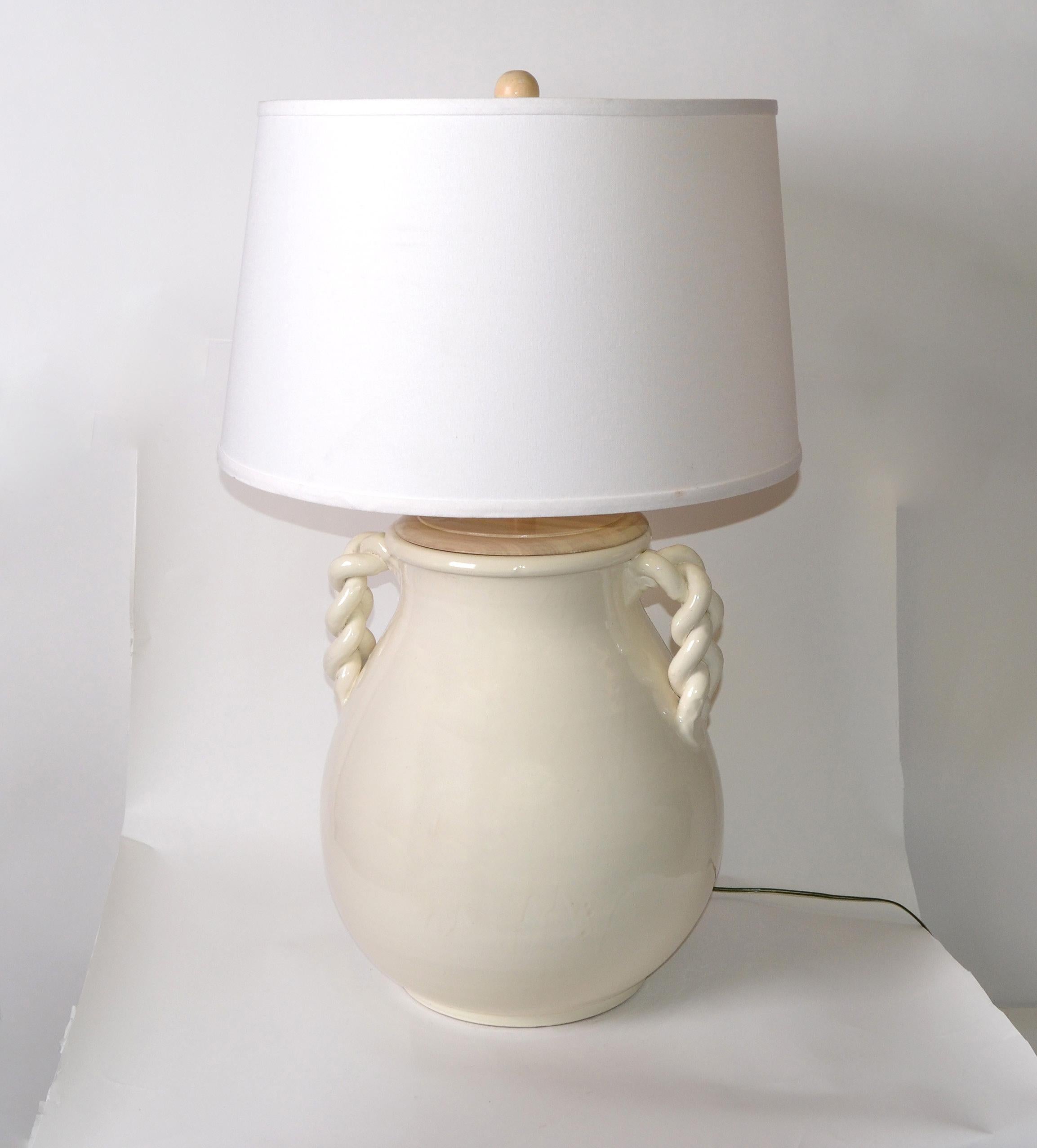 Mid-Century Modern Organic Beige Glazed Ceramic Table Lamp and Linen Shade, USA 5