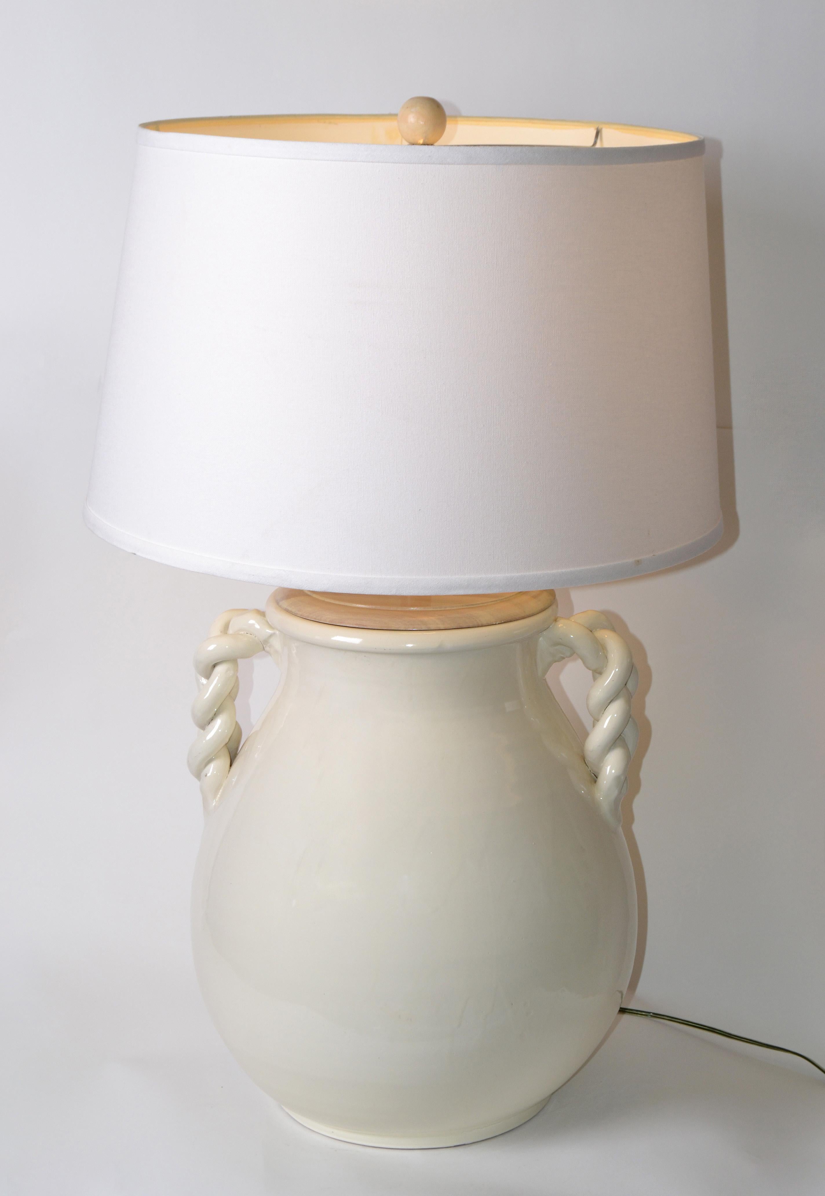 Mid-Century Modern Organic Beige Glazed Ceramic Table Lamp and Linen Shade, USA 6
