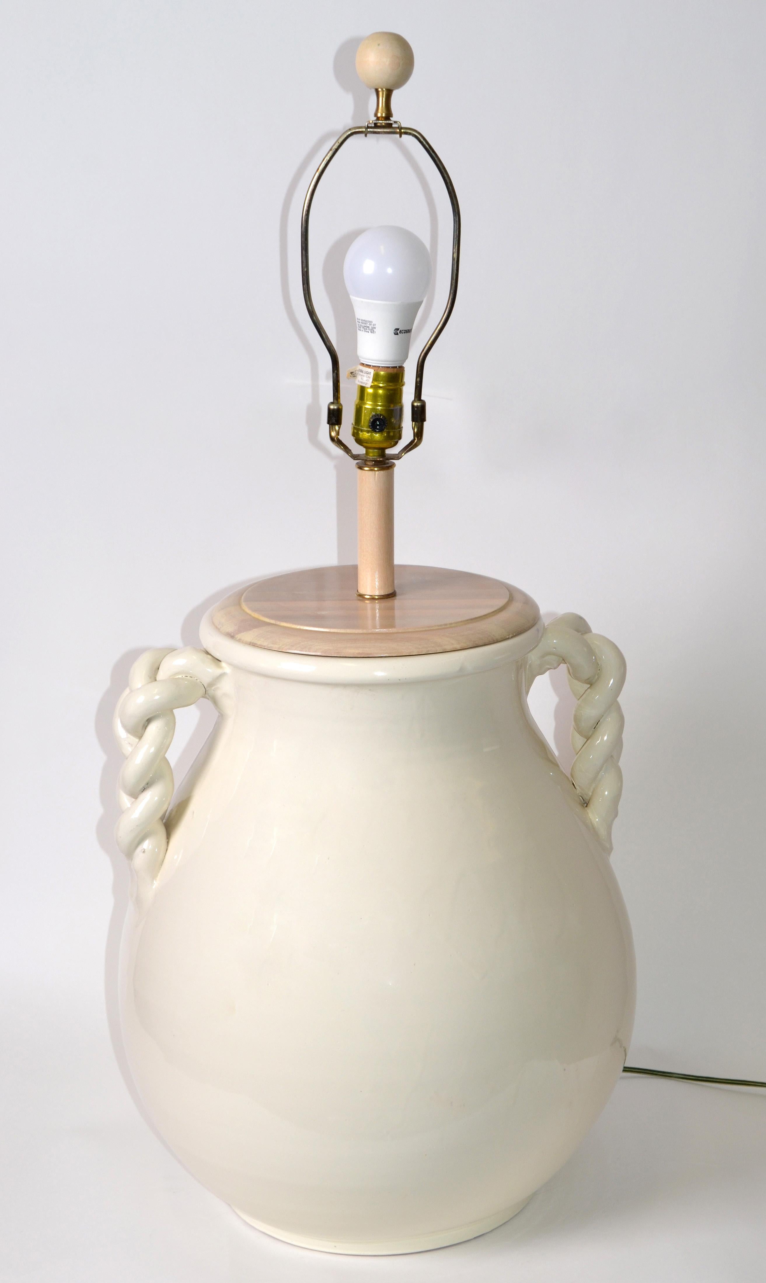 American Mid-Century Modern Organic Beige Glazed Ceramic Table Lamp and Linen Shade, USA