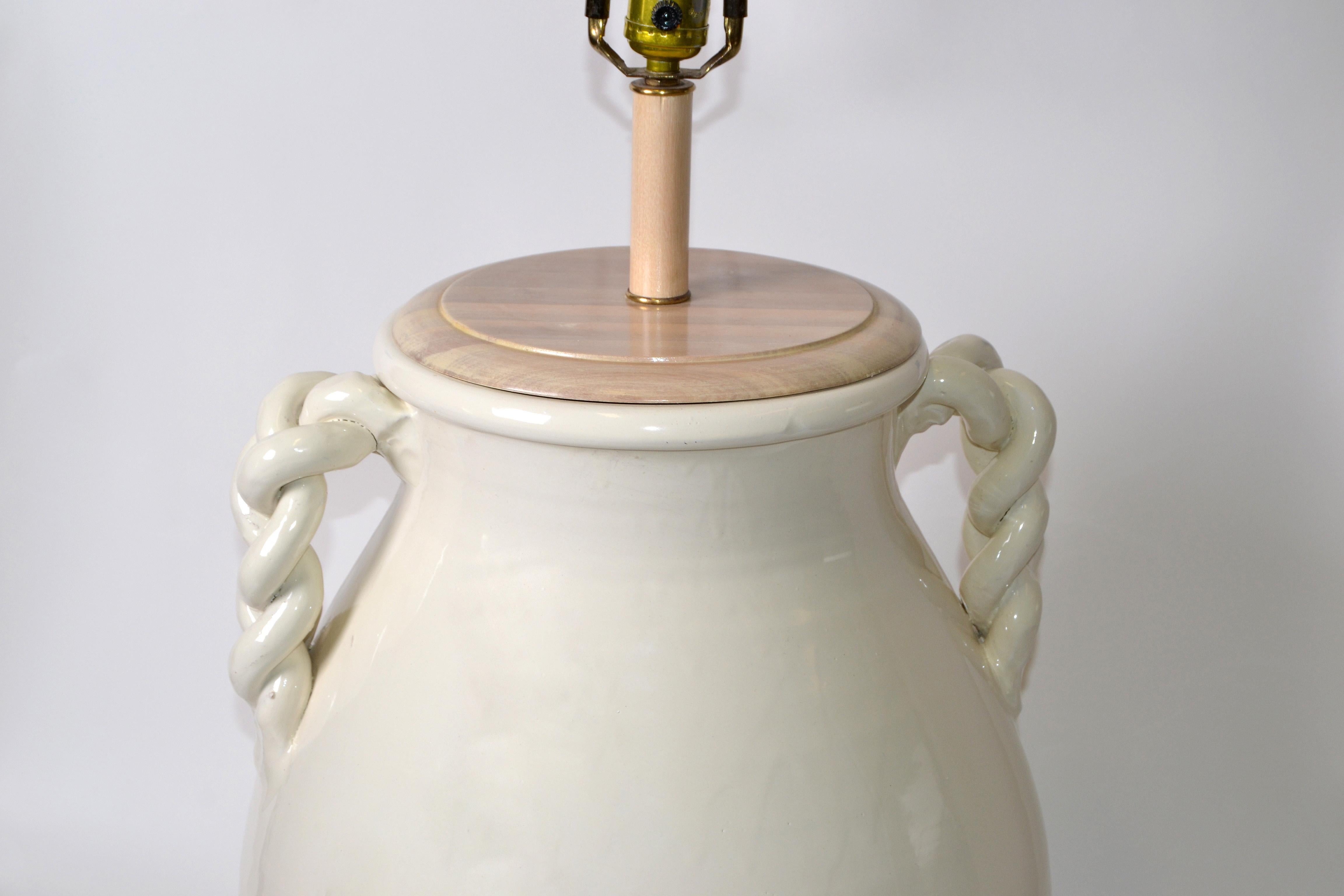 20th Century Mid-Century Modern Organic Beige Glazed Ceramic Table Lamp and Linen Shade, USA