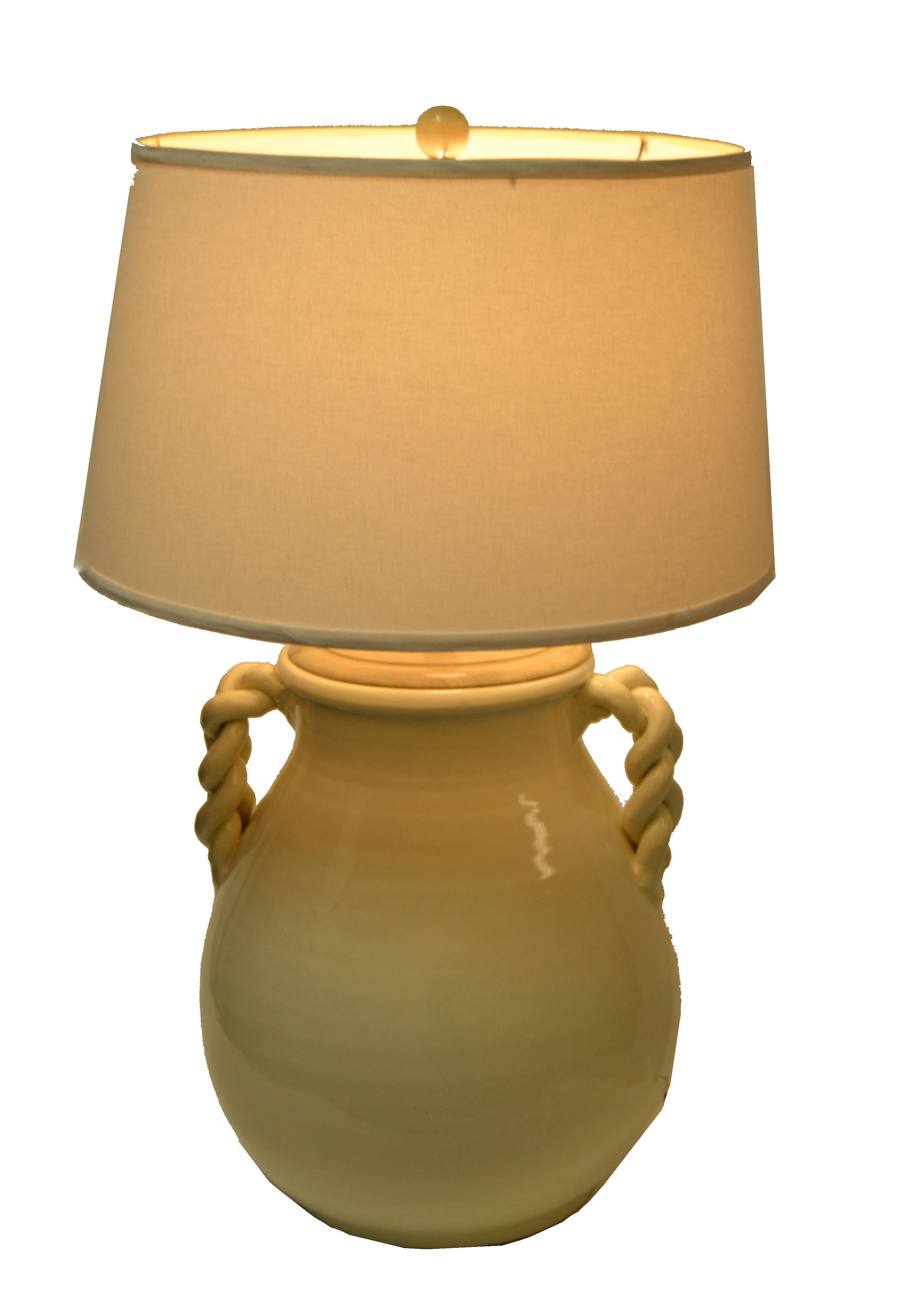 Mid-Century Modern Organic Beige Glazed Ceramic Table Lamp and Linen Shade, USA 1