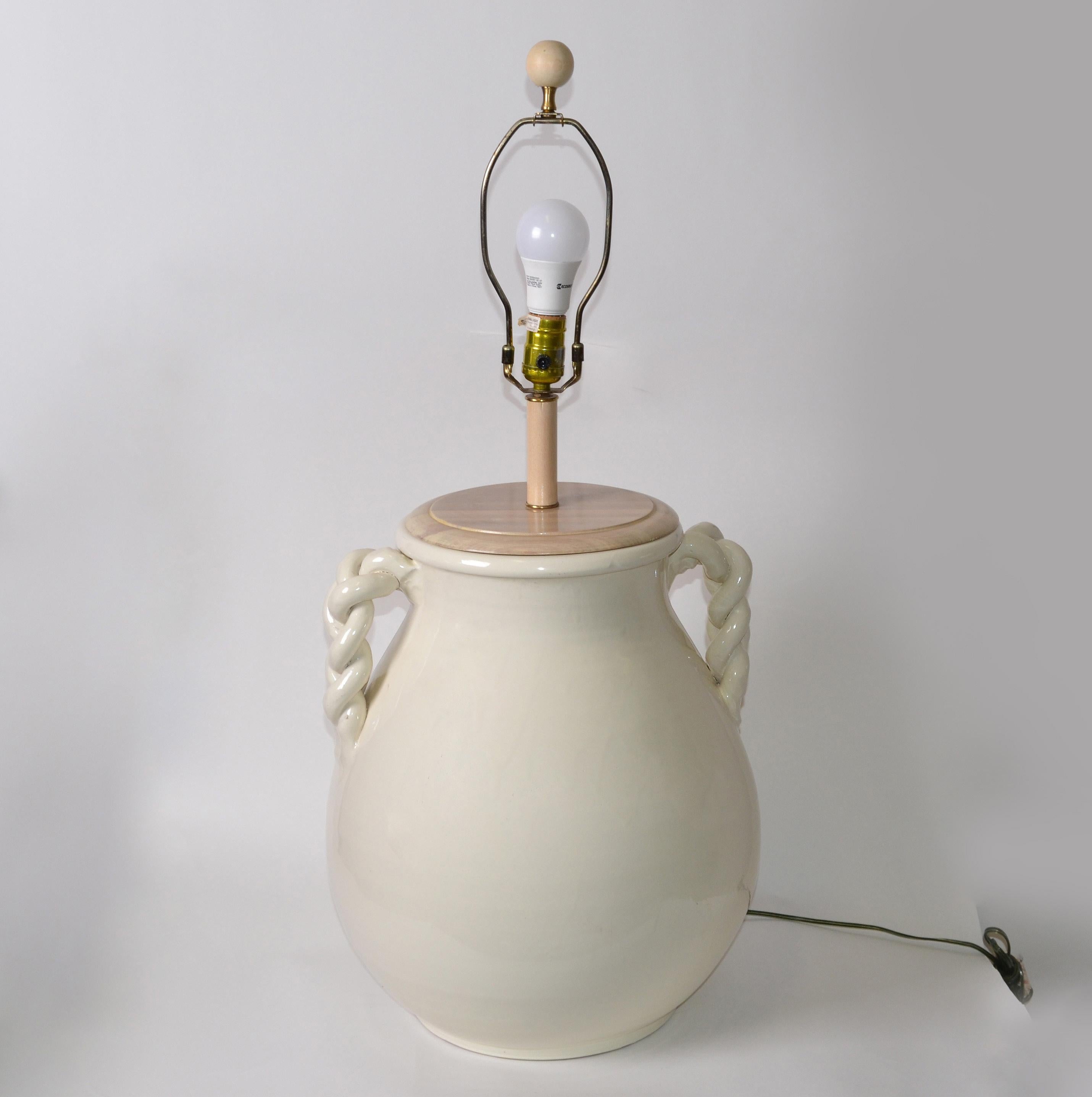 Mid-Century Modern Organic Beige Glazed Ceramic Table Lamp and Linen Shade, USA 2