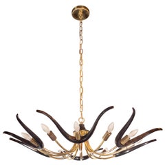 Mid-Century Modern Organic Ebonized Walnut and Brass Chandelier