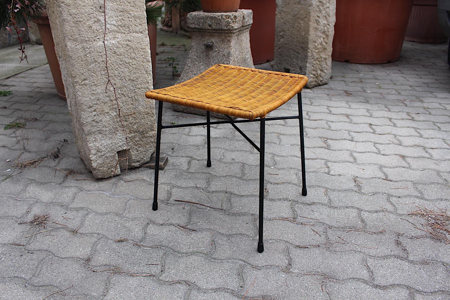 Mid Century Modern Organic Rattan Black Metal Stool or Ottoman 1950s Austria For Sale 3