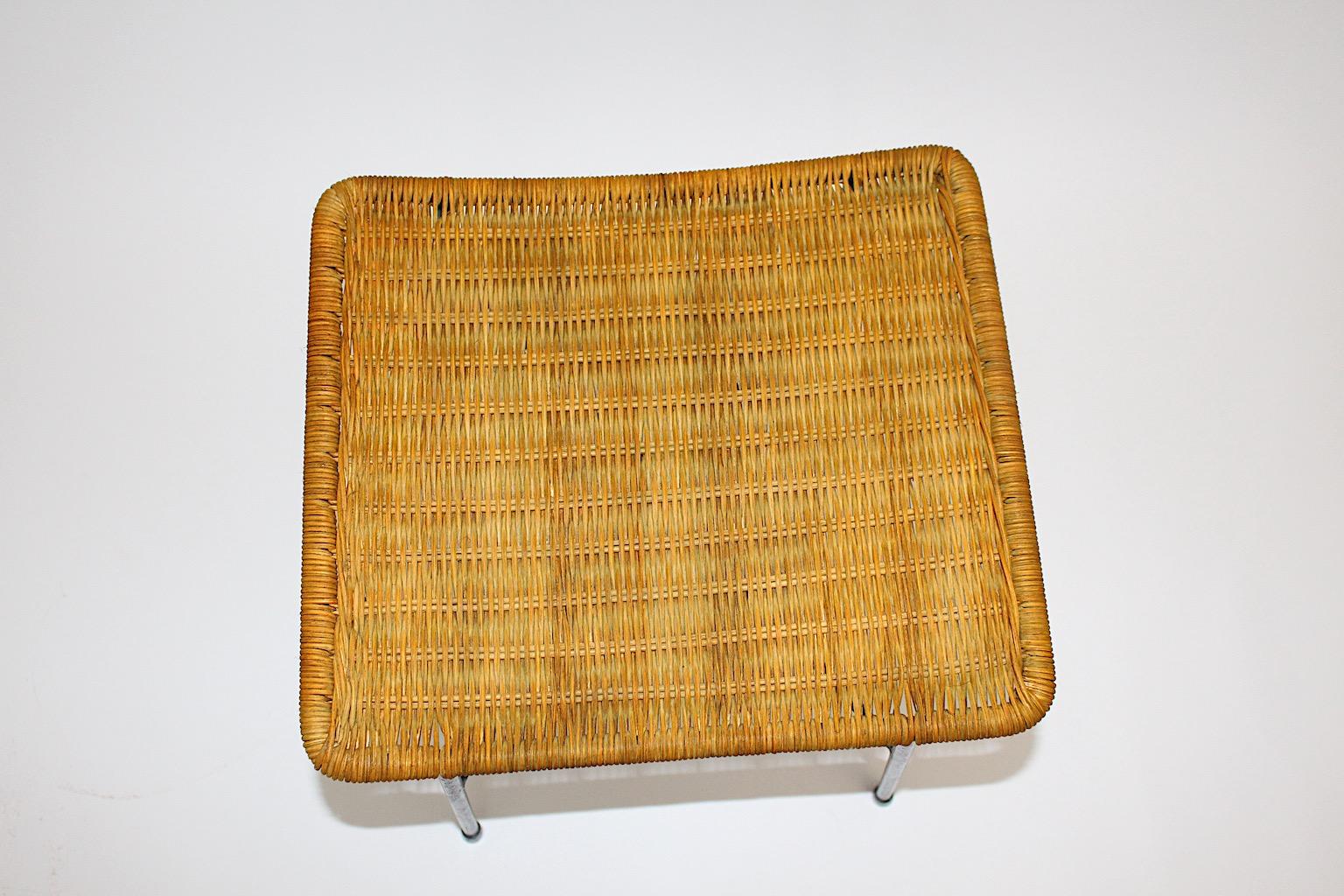 Mid Century Modern Organic Rattan Black Metal Stool or Ottoman 1950s Austria In Good Condition For Sale In Vienna, AT