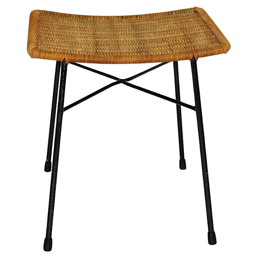 Mid Century Modern Organic Rattan Black Metal Stool or Ottoman 1950s Austria For Sale