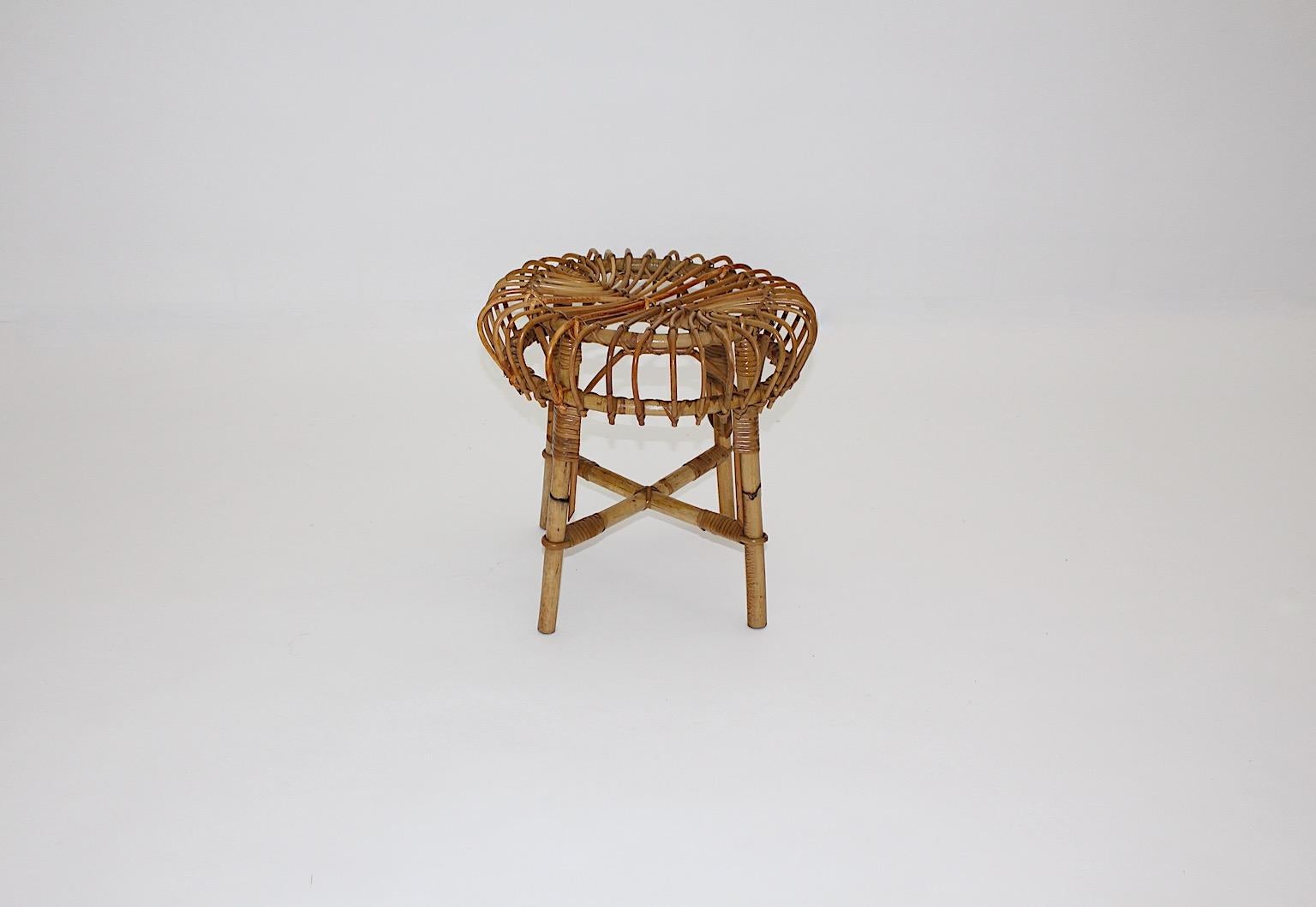 Mid-20th Century Mid-Century Modern Organic Sculptural Vintage Rattan Stool, 1960s, Italy For Sale