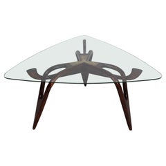 Mid-Century Modern Organic Shape Walnut, Glass, Brass Coffee Table 1960 Denmark