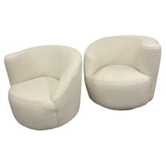 Mid-Century Modern Organic Swivel / Barrel Lounge Chairs, White Bouclé, Nautilus
