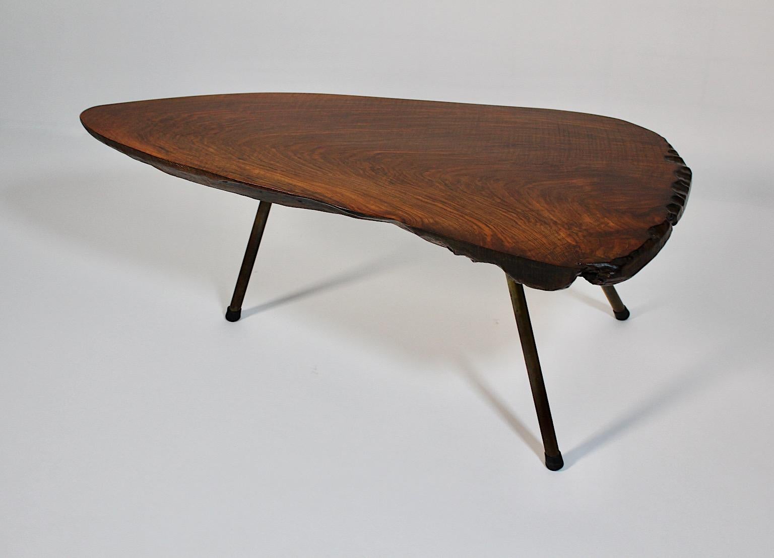 Table de canapé ou table basse en noyer massif attribuée à Carl Auböck, années 1950, Vienne.
Une belle nouveauté, la table de canapé organique en plateau de tronc d'arbre en noyer massif avec trois (3) pieds en métal doré et des sabots en caoutchouc