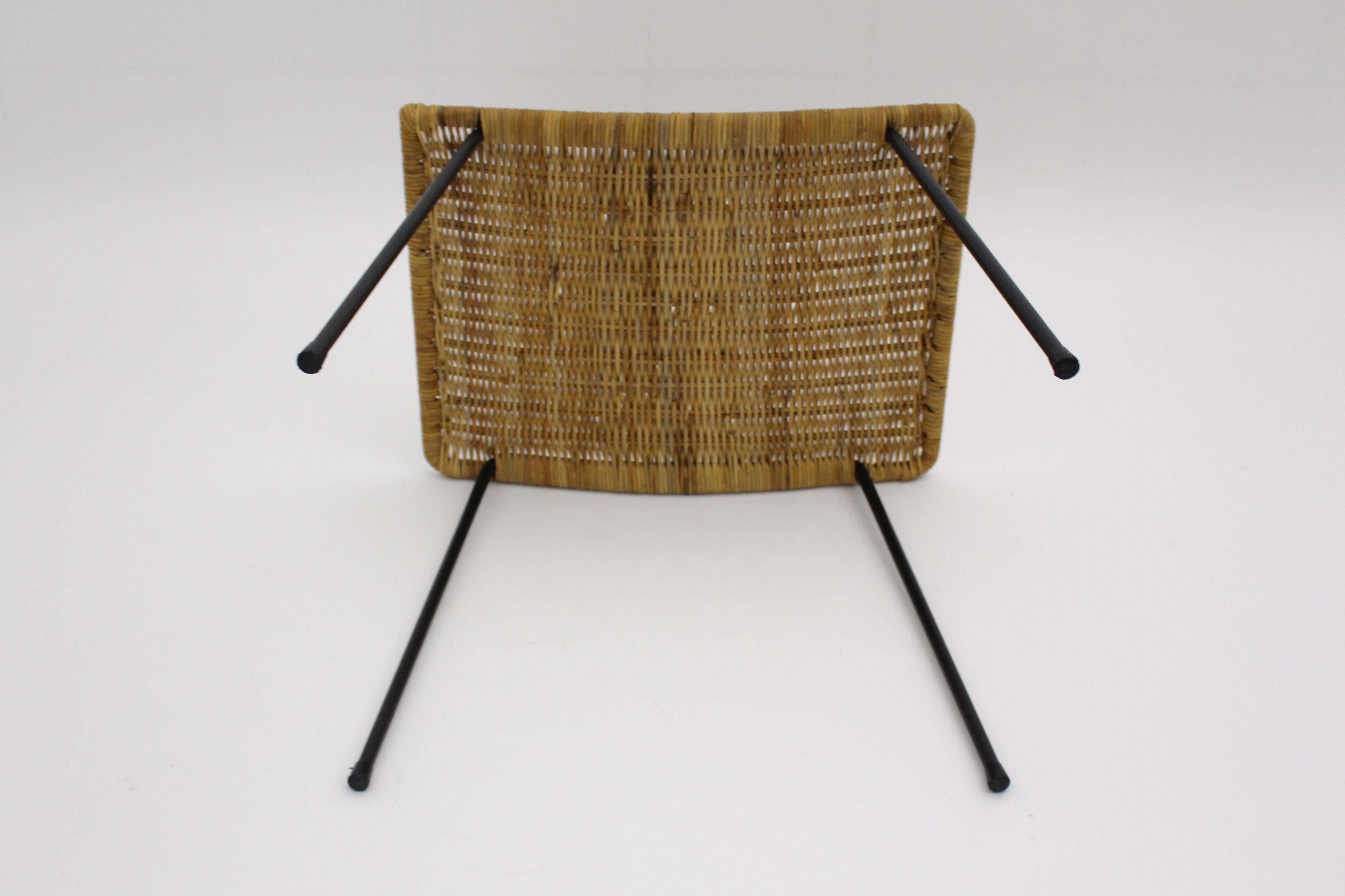 Lacquered Mid-Century Modern Organic Vintage Rattan Metal Stool, 1950s, Austria For Sale