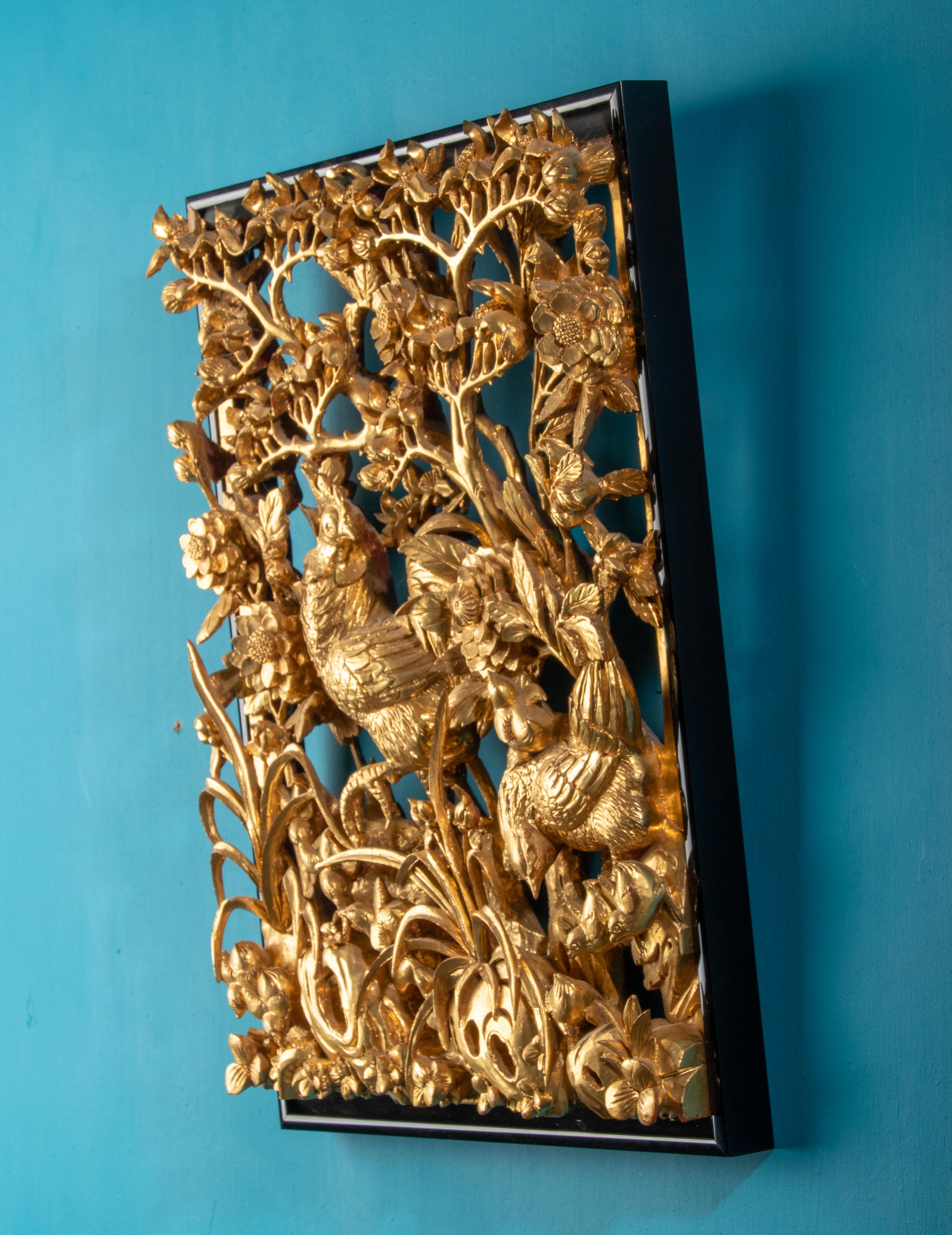 Chinese Mid 20th Century Oriental Carved Gilt-Wood Wall Sculpture Rooster Chickens For Sale