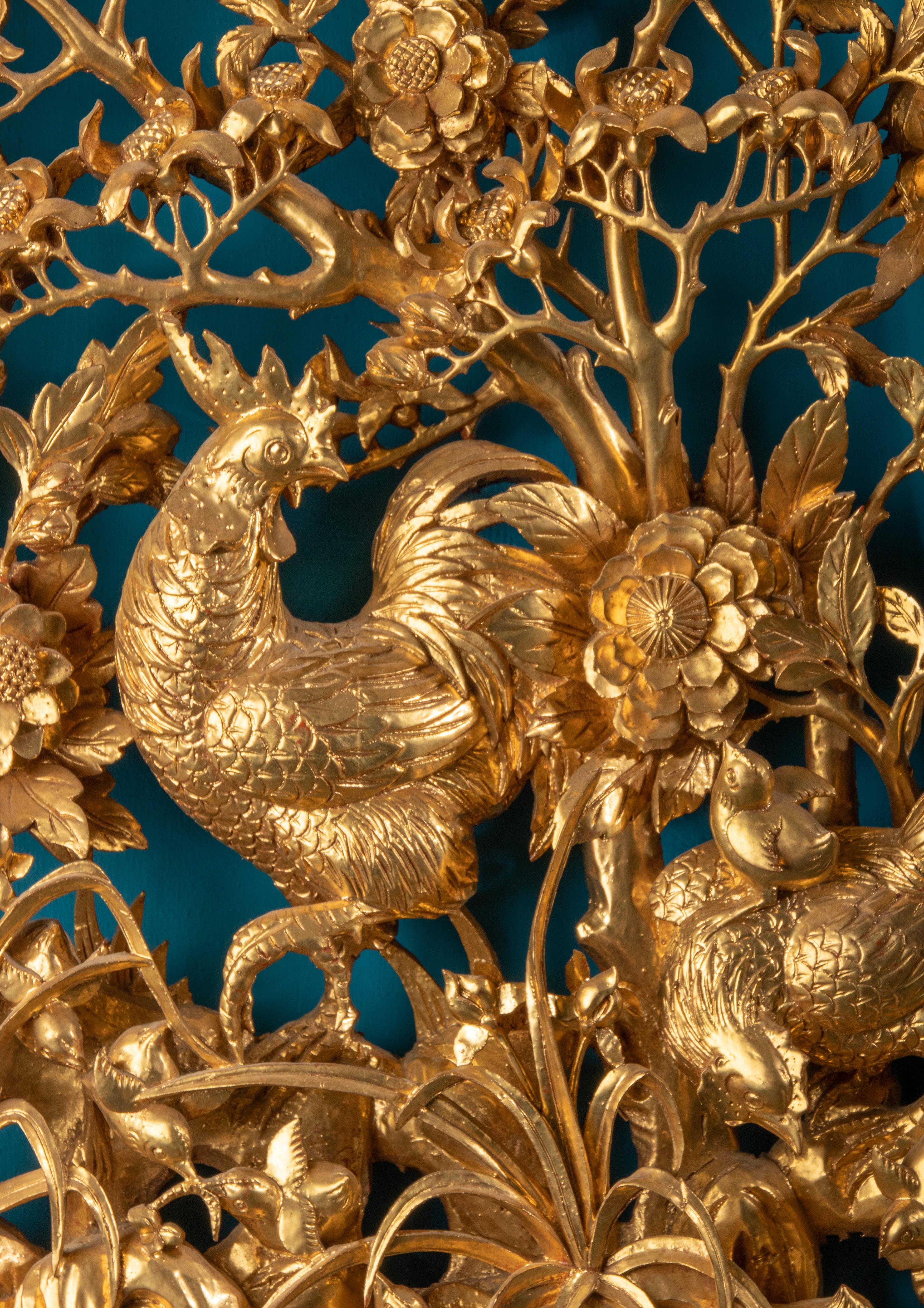 Hand-Carved Mid 20th Century Oriental Carved Gilt-Wood Wall Sculpture Rooster Chickens For Sale