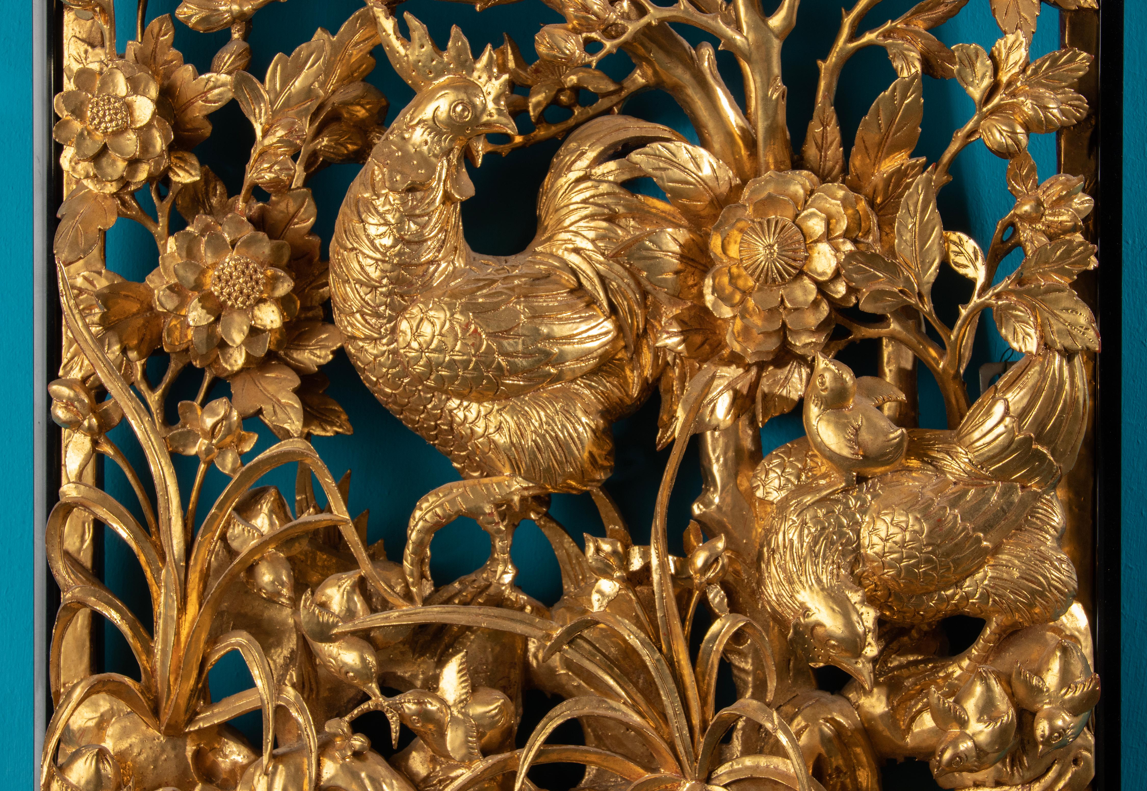 Mid-20th Century Mid 20th Century Oriental Carved Gilt-Wood Wall Sculpture Rooster Chickens For Sale