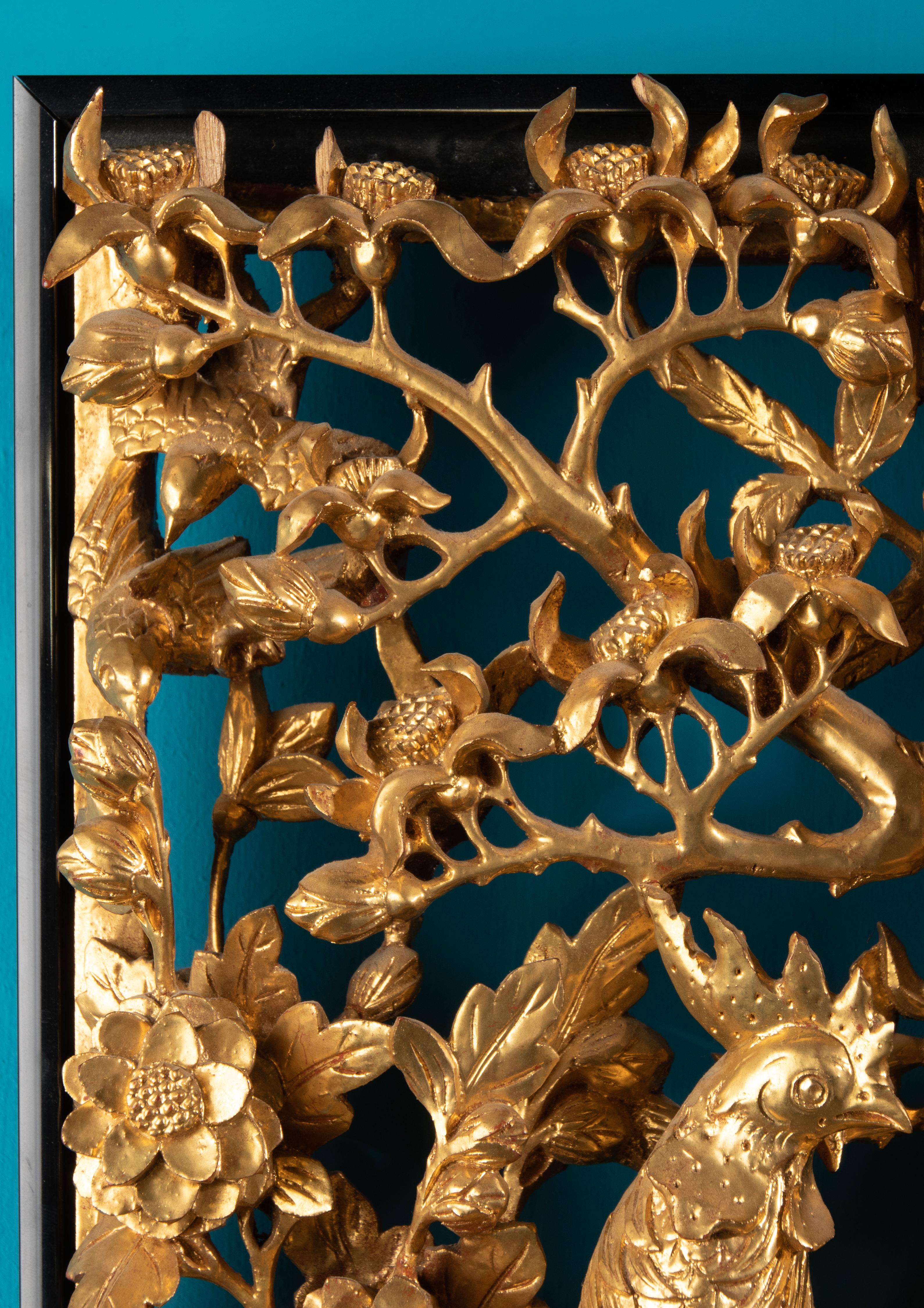 Giltwood Mid 20th Century Oriental Carved Gilt-Wood Wall Sculpture Rooster Chickens For Sale