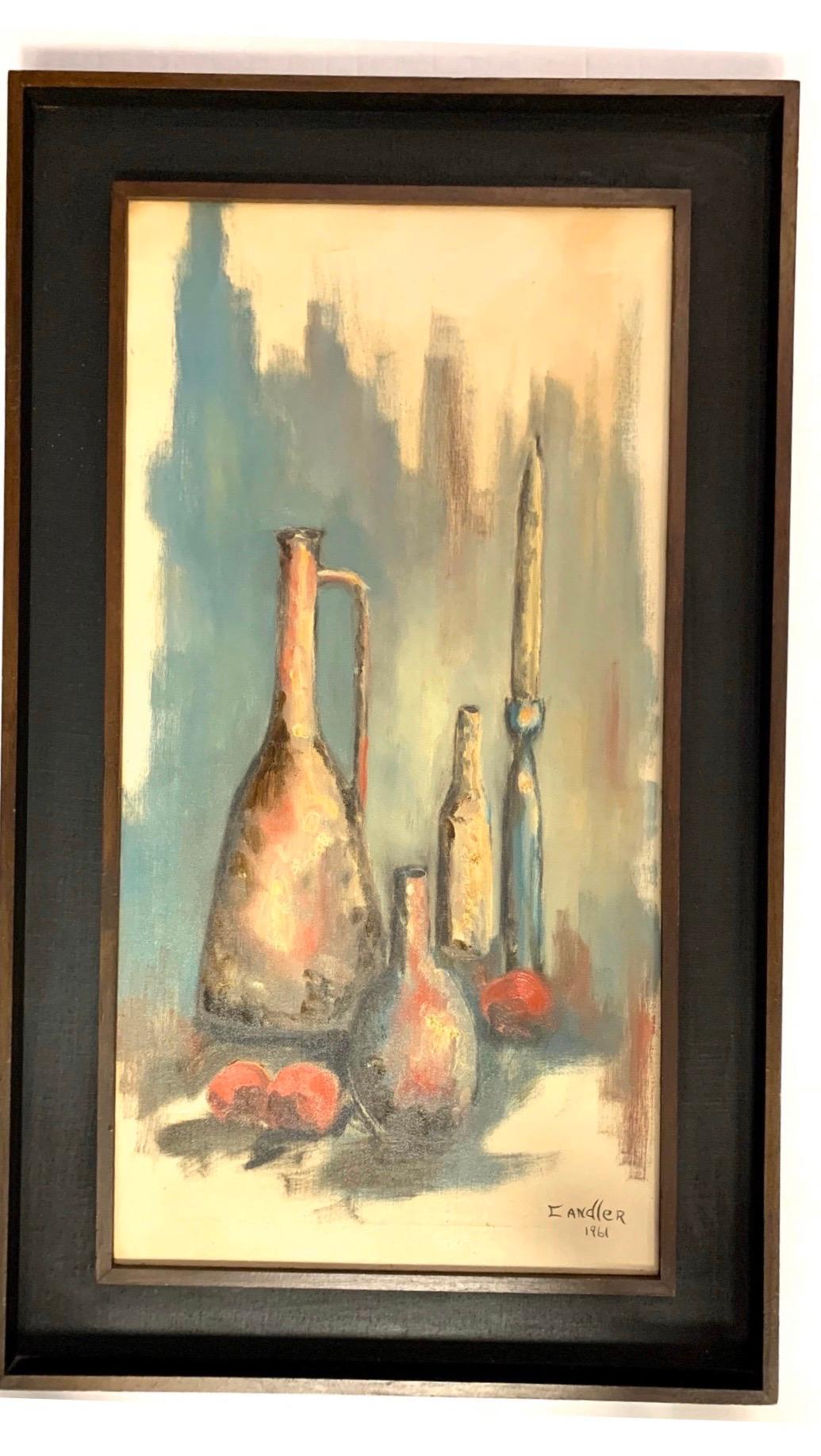 Vintage, 1961 original oil painting by the artist C. Andler, signed on bottom. Medium is oil on canvas. Elegant depiction of a group of bottles and tall flasks displayed in a brown frame.
  