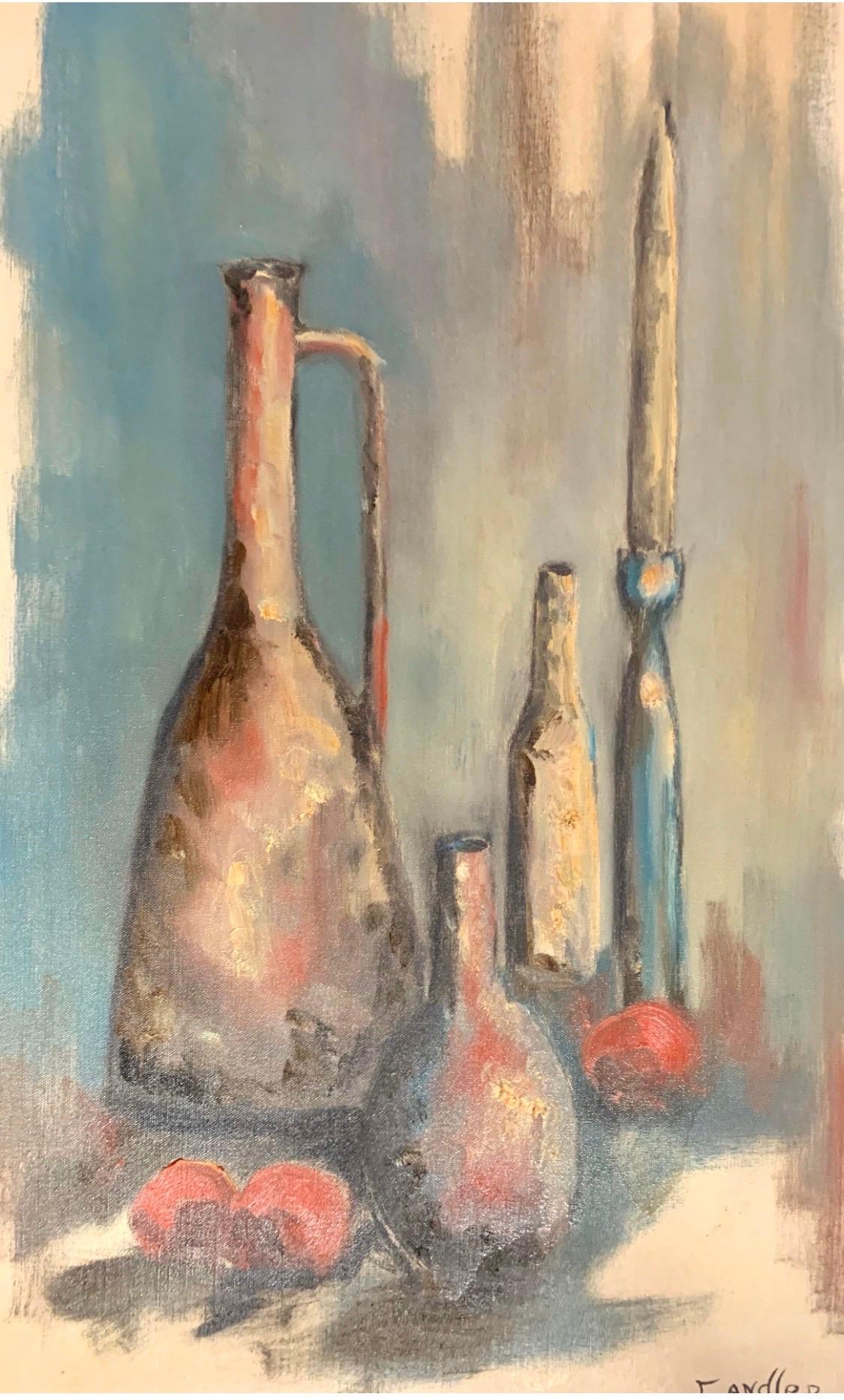 American Mid-Century Modern Original Artist Signed Painting Still Life of Bottles Andler