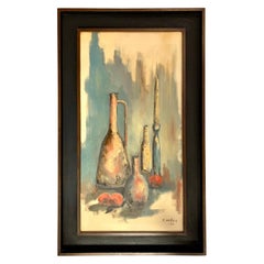 Vintage Mid-Century Modern Original Artist Signed Painting Still Life of Bottles Andler