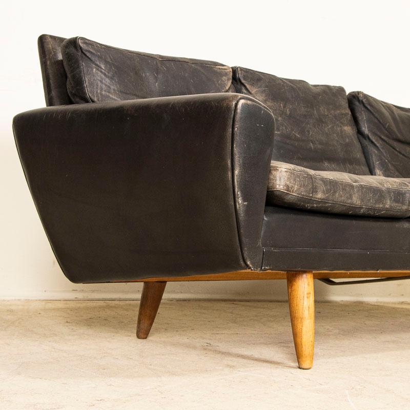 Mid Century Modern Original Black Leather Three Seat Sofa from Denmark Circa 196 6