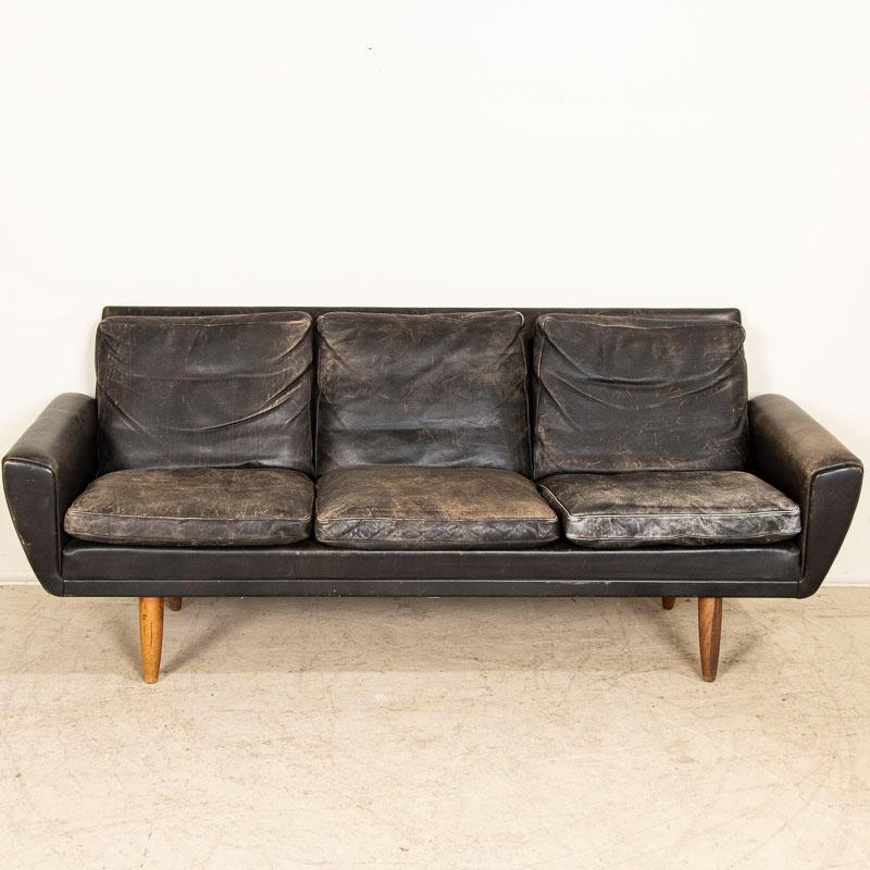 Danish Mid Century Modern Original Black Leather Three Seat Sofa from Denmark Circa 196