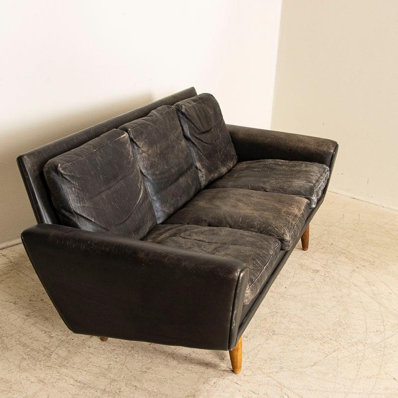 20th Century Mid Century Modern Original Black Leather Three Seat Sofa from Denmark Circa 196