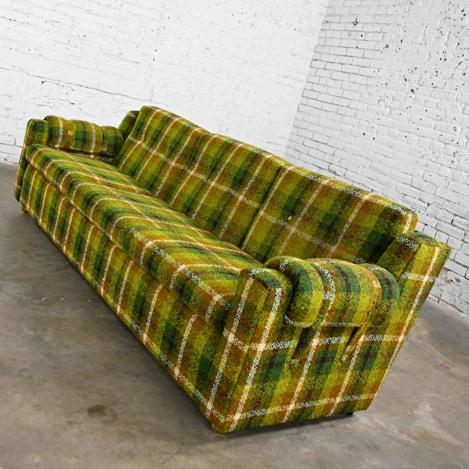 American Mid-Century Modern Original Green & Gold Plaid Sofa by Mastercraft Lawson Style