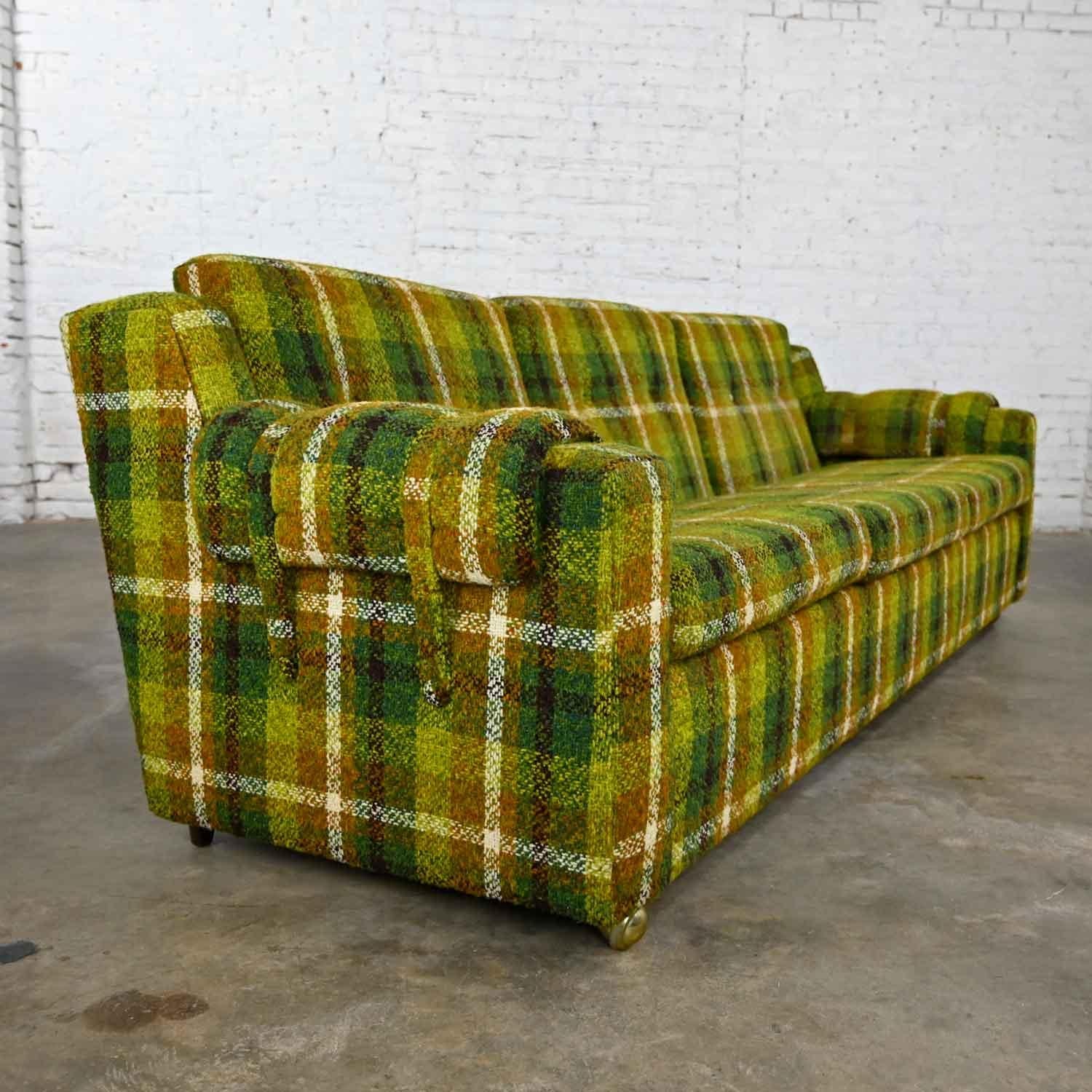 Metal Mid-Century Modern Original Green & Gold Plaid Sofa by Mastercraft Lawson Style