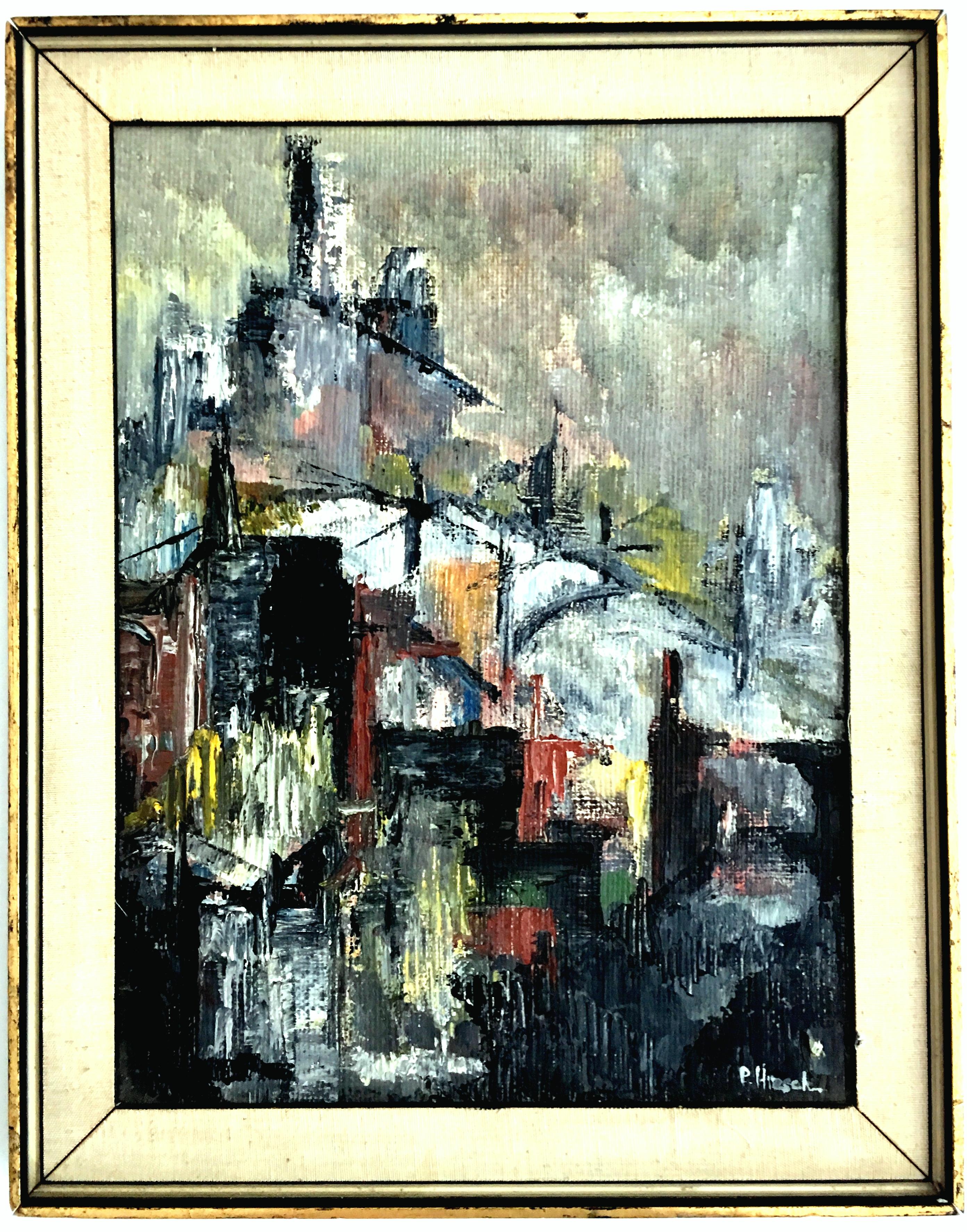 Mid-Century Modern original oil on cardboard abstract cityscape painting by, Peter Hirsch. This rare listed artist original oil painting is executed on cardboard with a burlap backing. Peter Hirsch often used cardboard for his paintings. Frame in a