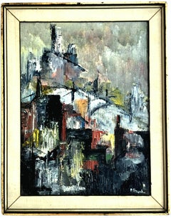 Mid-Century Modern Original Oil Abstract Cityscape Oil Painting by, Peter Hirsch