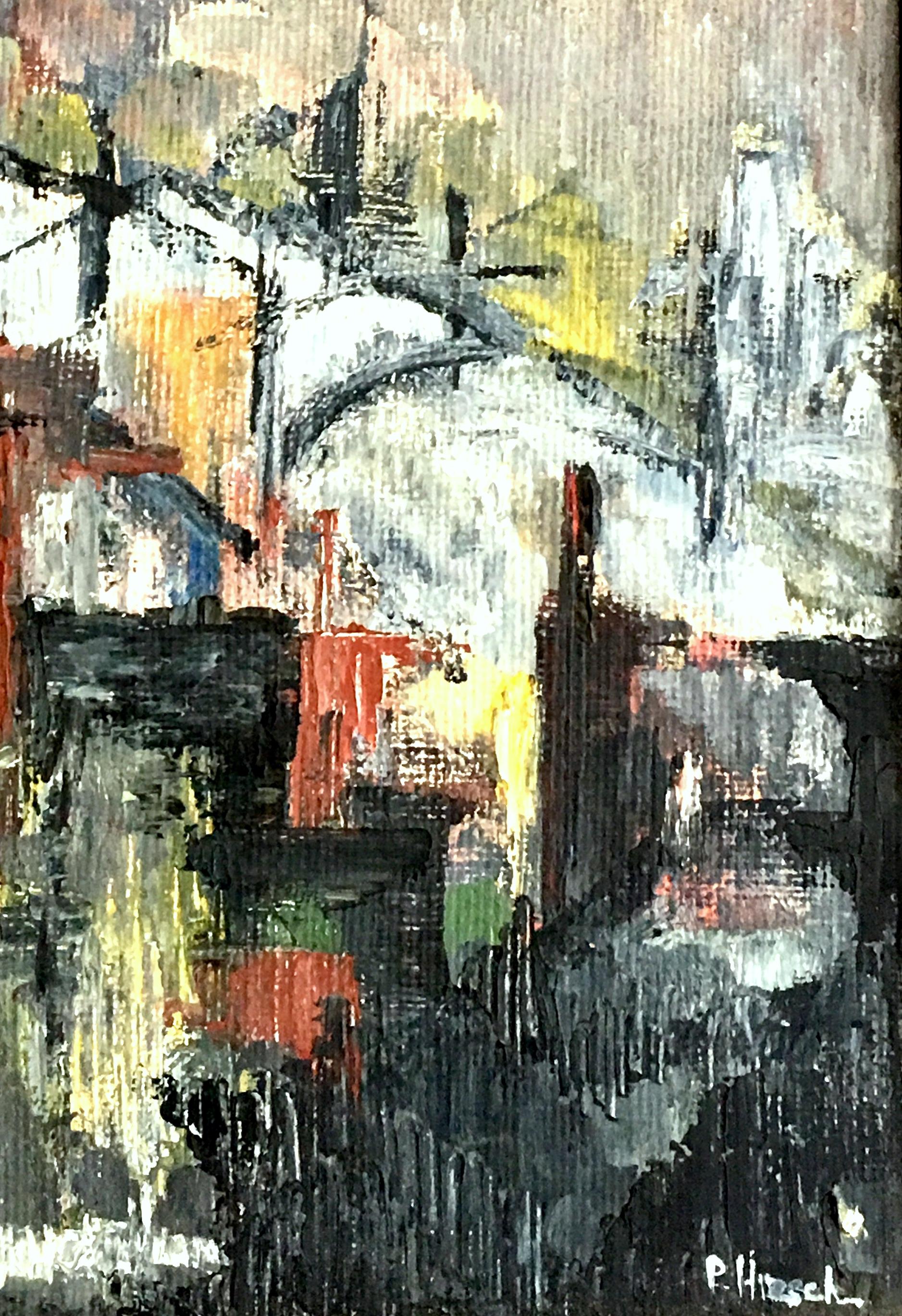 20ième siècle Peinture à l'huile originale de Peter Hirsch - Paysage urbain abstrait, moderne du milieu du siècle dernier en vente