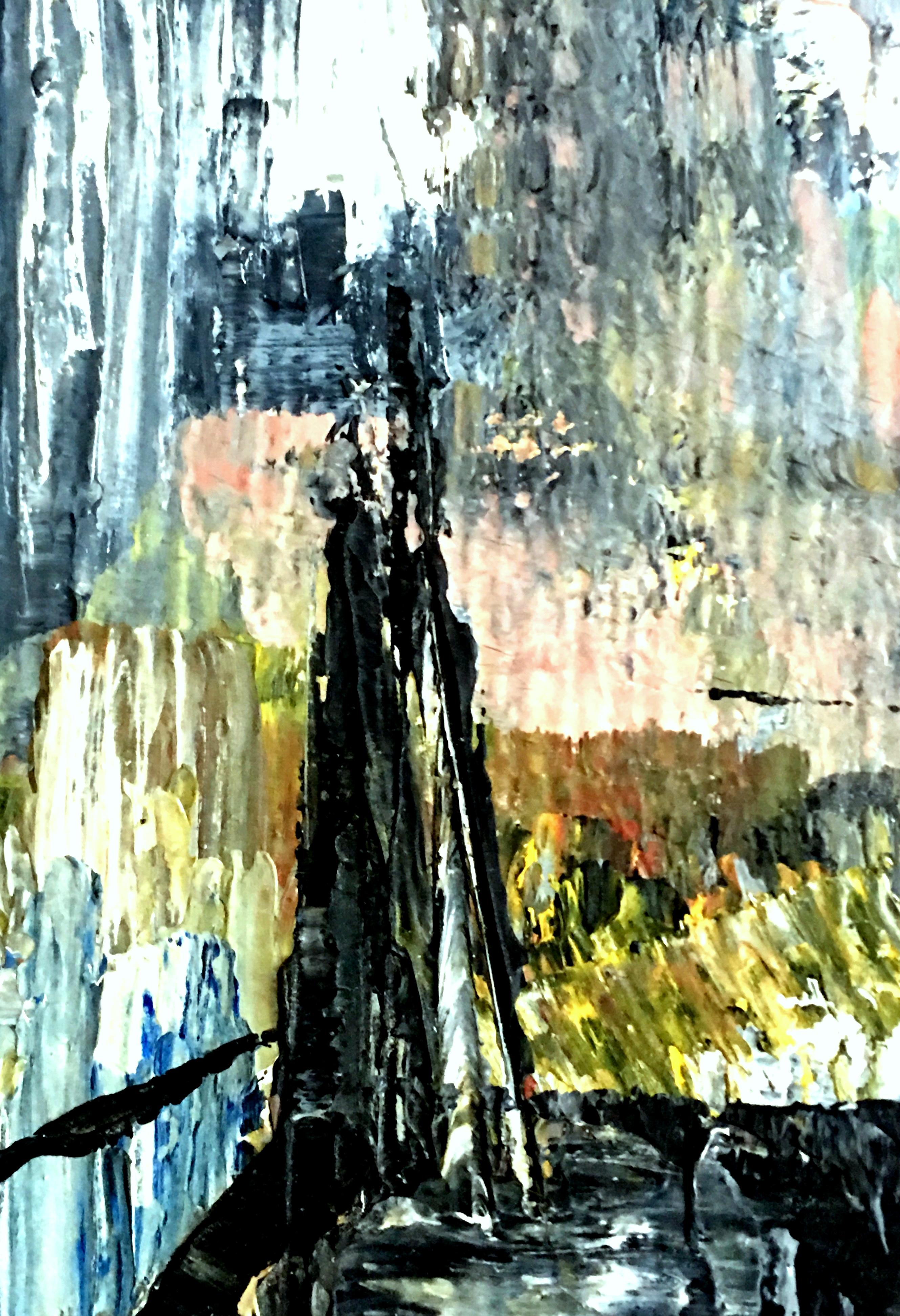 Peinture à l'huile originale de Peter Hirsch - Paysage urbain abstrait, moderne du milieu du siècle dernier en vente 1
