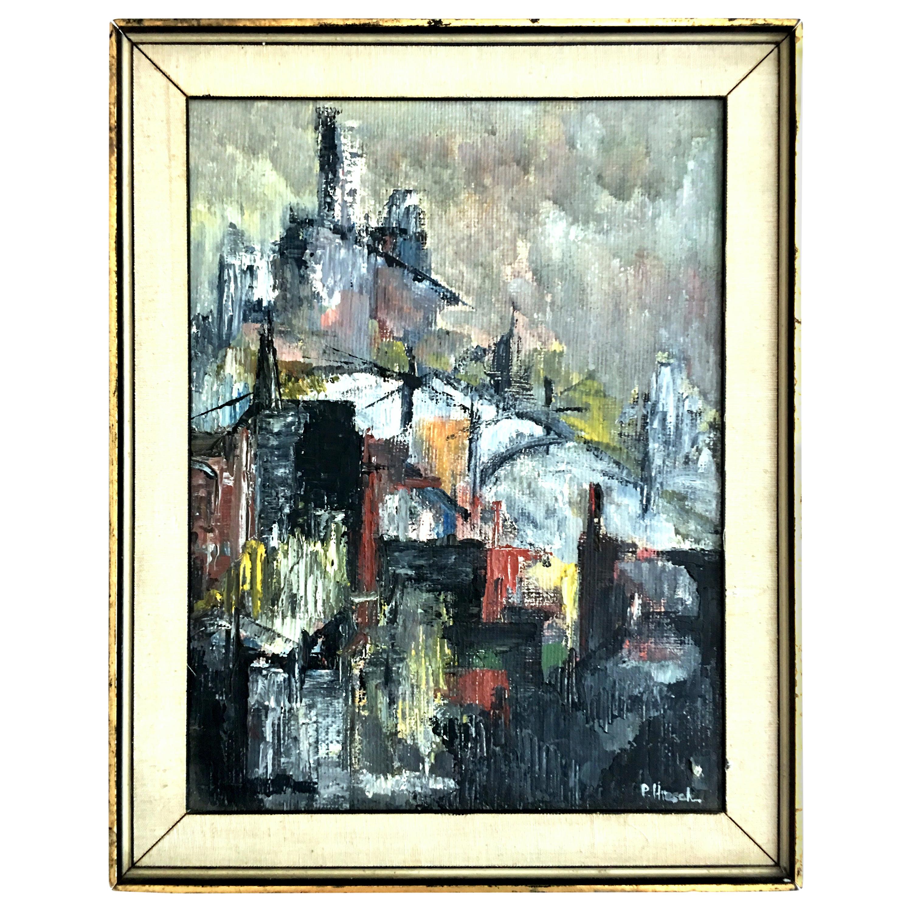 Mid-Century Modern Original Oil Abstract Cityscape Oil Painting by, Peter Hirsch