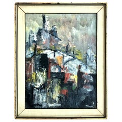 Mid-Century Modern Original Oil Abstract Cityscape Oil Painting by, Peter Hirsch