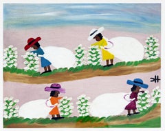 Modernité du milieu du siècle Huile sur toile originale Cotton Picking Signed Clementine Hunter