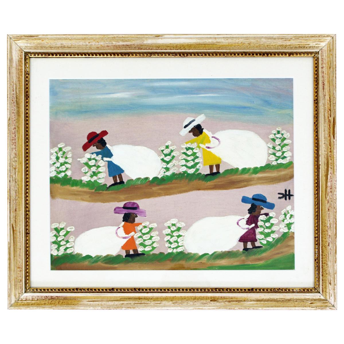 Mid-Century Modern Original Oil Canvas Cotton Picking Signed Clementine Hunter