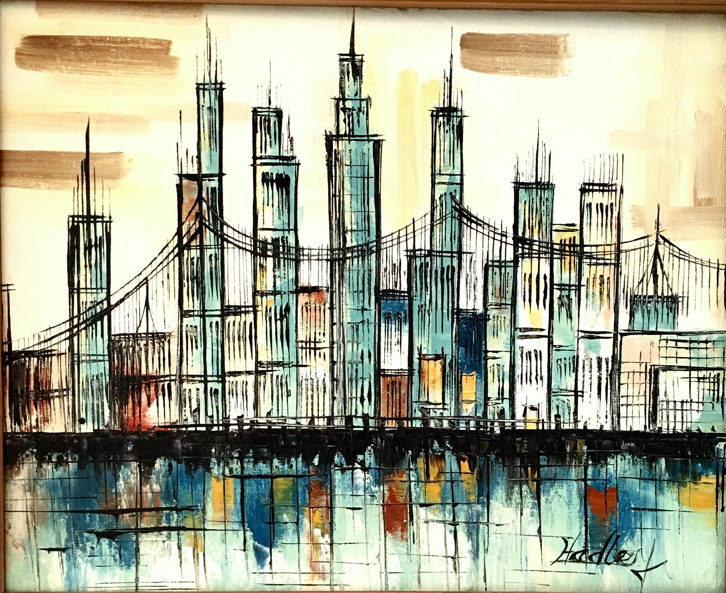 mid century cityscape painting