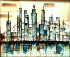 Mid-Century Modern Original Oil on Canvas "Cityscape" Painting by, Hadley