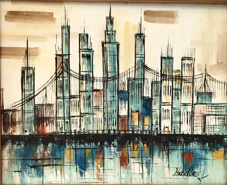 MidCentury Modern Original Oil On Canvas "Cityscape" Painting By