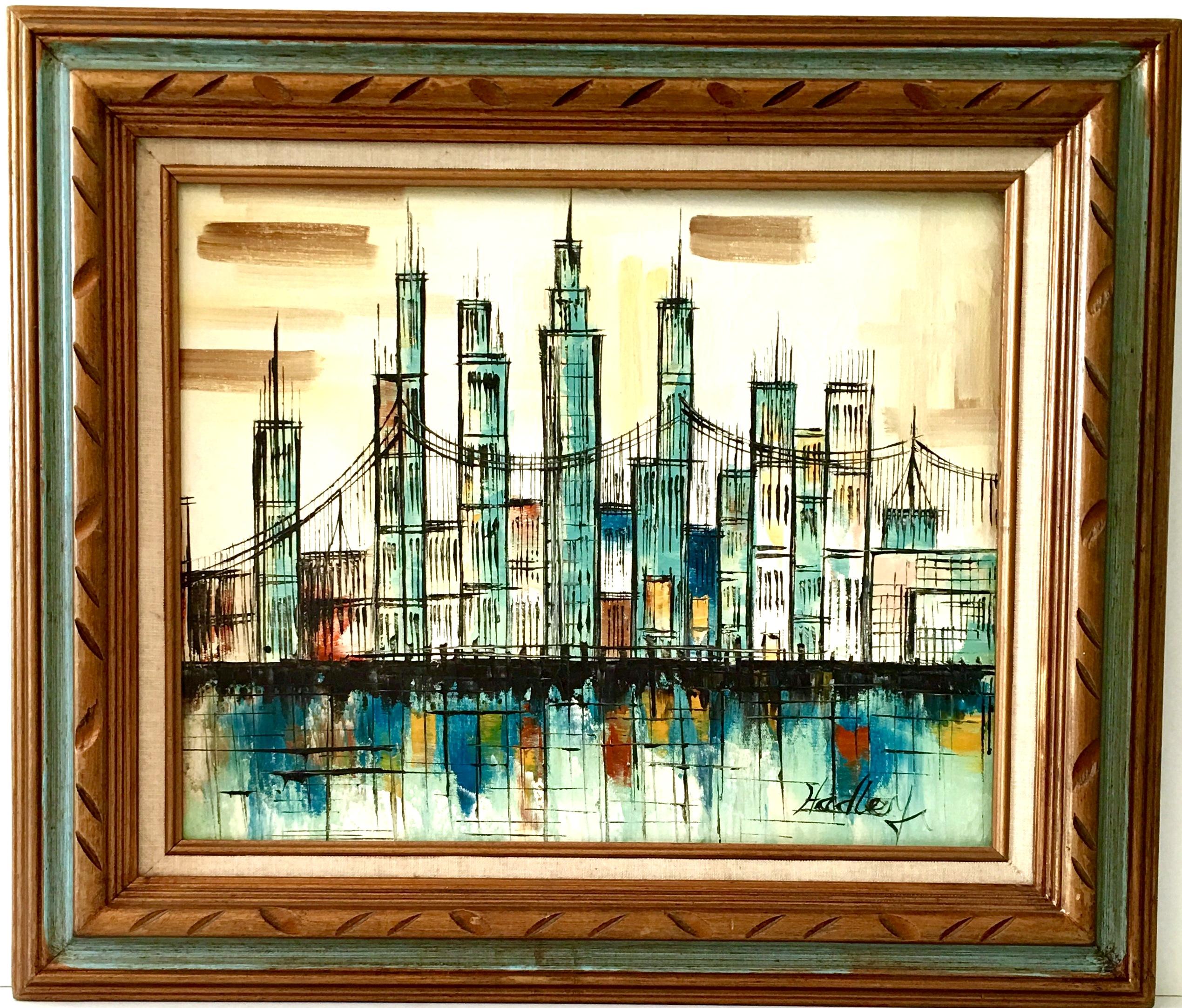 Mid-Century Modern original oil on canvas painting of New York City. Professionally framed with carved wood with blue painted trim and linen matte detail frame. Signed lower right, Hadley. Ready to hang with existing hardware.
Image size: 20