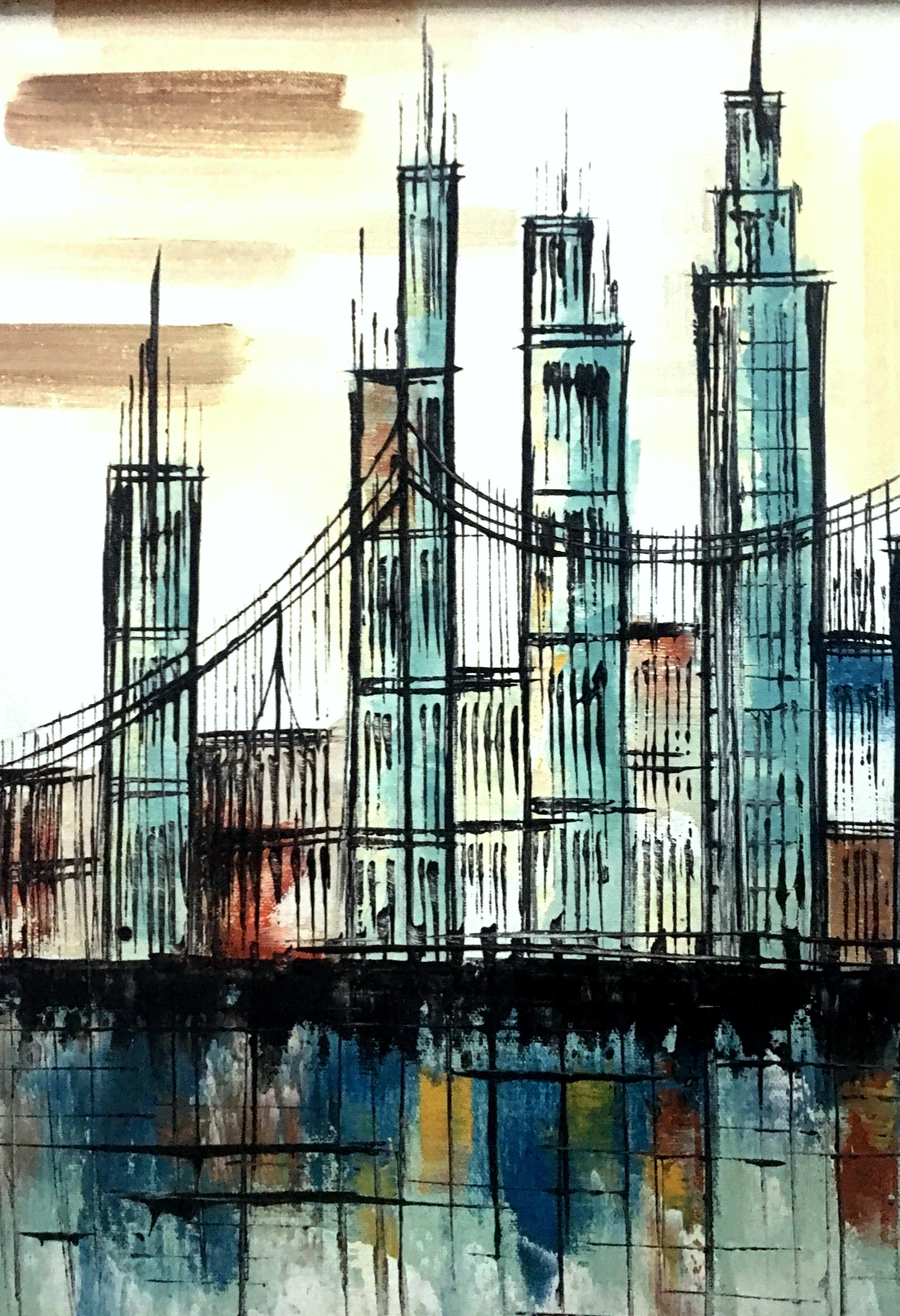 MidCentury Modern Original Oil On Canvas "Cityscape" Painting By