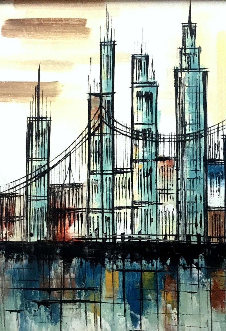 MidCentury Modern Original Oil On Canvas "Cityscape" Painting By