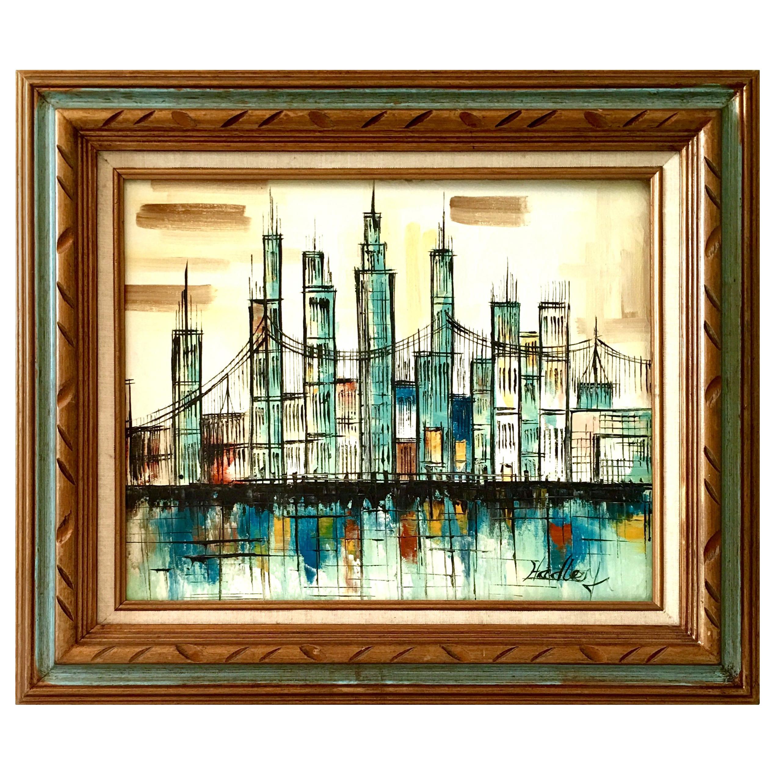 Peinture originale à l'huile sur toile « Cityscape », style mi-siècle moderne, de Hadley en vente