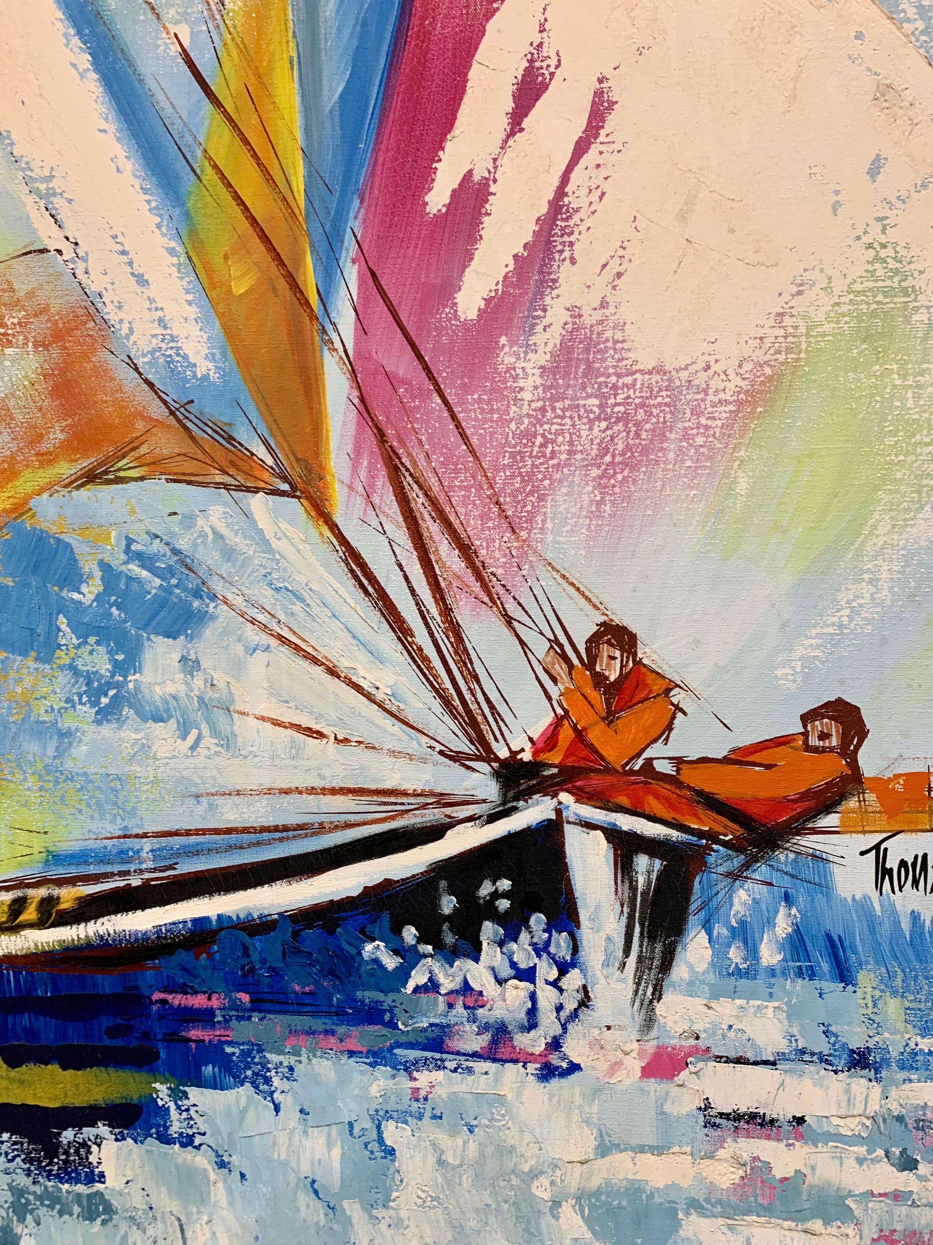 Vibrant mid century original painting of a sailboat in the America’s Cup races. Signed lower right. Thomas Lee signature at bottom. Stunning.