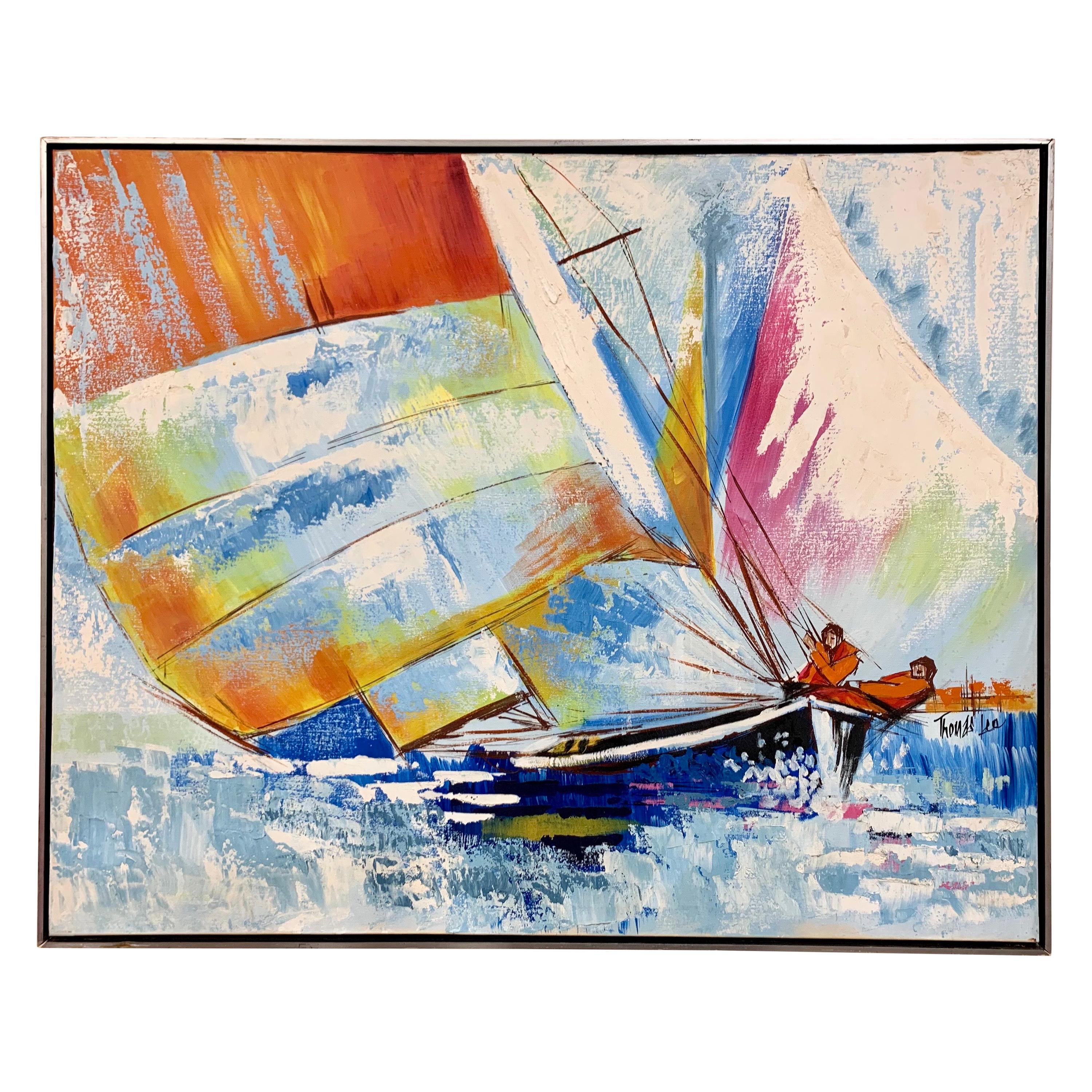 Mid-Century Modern Original Oil Painting America’s Cup Sailboats Racing Yachts